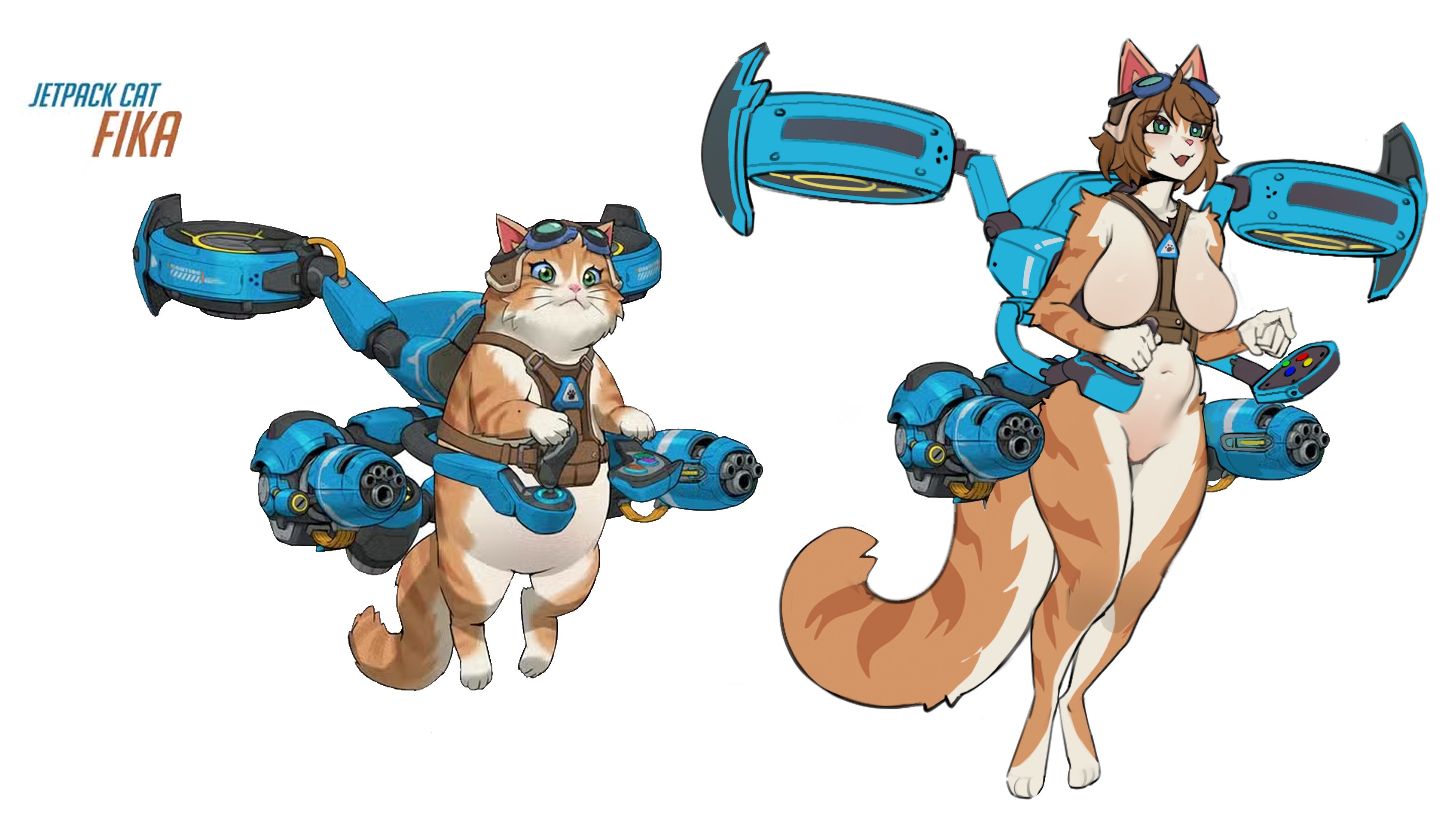 2026, 2d, 2d (artwork), 2d artwork, anthro, anthro female, anthrofied, big breasts, blizzard entertainment, breasts, brown hair, cat ears, cat tail, catgirl, cleavage, feline, female, fika (overwatch), furry, goggles, goggles on head, janjin192, jetpack, jetpack cat, kambo, overwatch, overwatch 2, tagme, thick thighs, thighs, wide hips