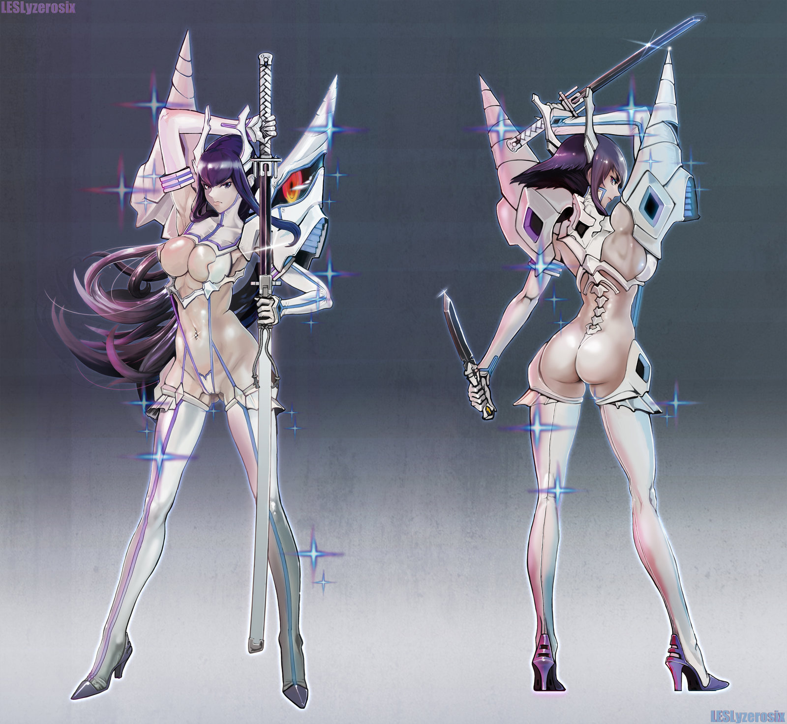1girls, ass, bakuzan, blue eyes, blue hair, boots, breasts, cleavage, female, full length, full-length portrait, garter straps, gloves, high heel boots, high heels, hourglass figure, junketsu, katana, kill la kill, kiryuuin satsuki, knife, large breasts, leslyzerosix, long hair, navel, portrait, short hair, solo, standing, suspenders, sword, thigh boots, thong, weapon