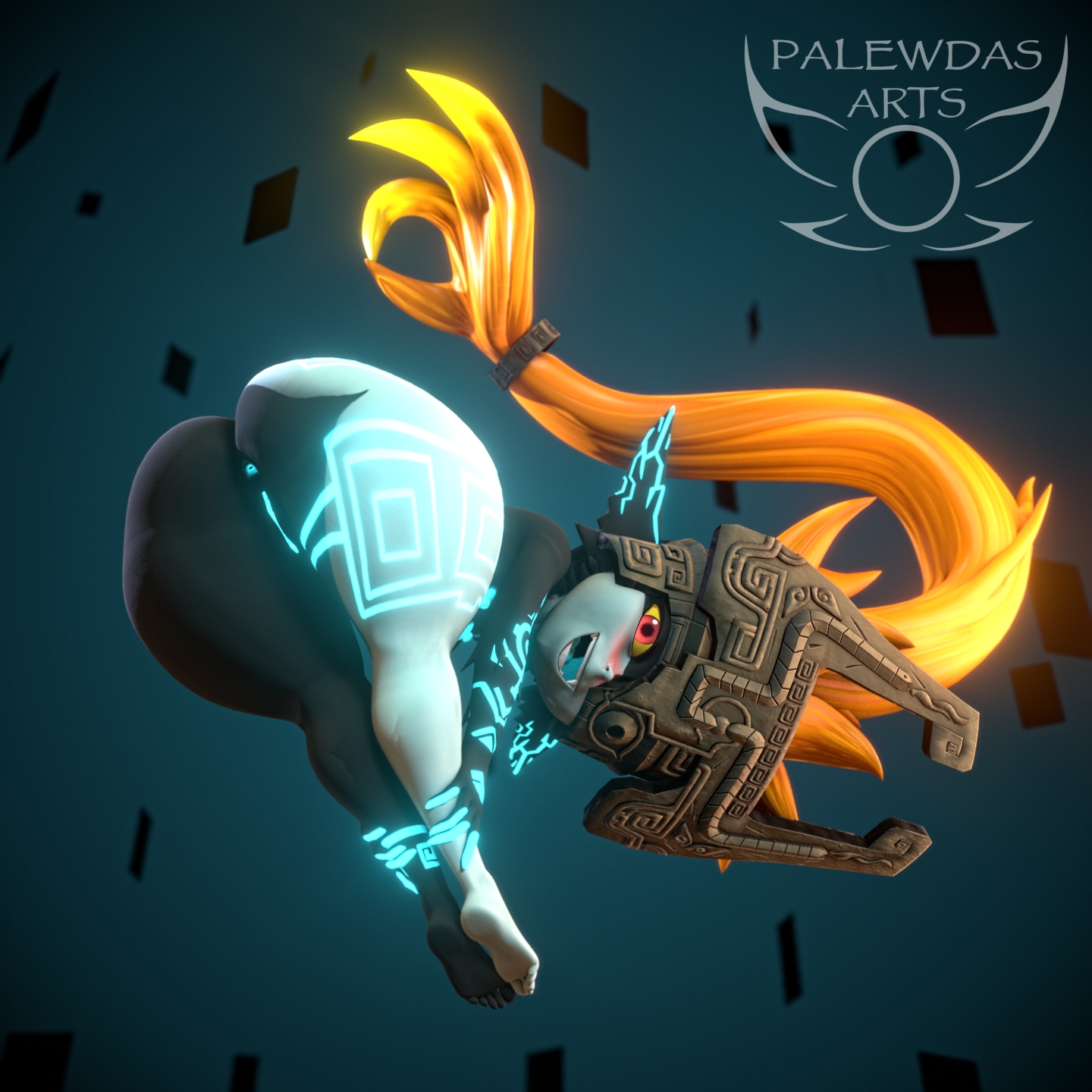 3d, anus, armor, ass, blue anus, female, genitals, glowing tattoo, headgear, headgear only, helmet, helmet only, hi res, humanoid, humanoid pointy ears, imp, imp midna, looking at viewer, looking back, looking back at viewer, midna, nintendo, not furry, open mouth, palewdas arts, pointy ears, red eyes, red hair, short stack, shortstack, simple background, solo, tagme, tattoo, the legend of zelda, twili, twilight princess, vulva