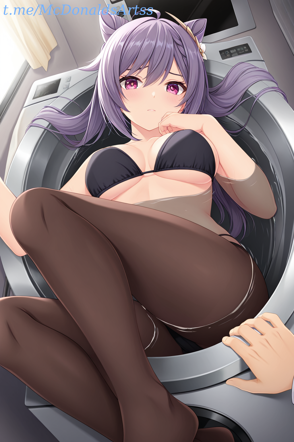 1girl 1girls ahoge ai_generated bare_arms bare_shoulders bathtub bikini black_bikini blush braid breasts closed_mouth commentary_request cone_hair_bun diamond-shaped_pupils diamond_(shape) double_bun female female_focus genshin_impact hair_bun hair_ornament indoors keqing_(genshin_impact) large_breasts long_hair looking_at_viewer lying medium_breasts pantyhose partially_submerged pink_eyes pov purple_eyes purple_hair solo_female string_bikini swimsuit thighs twintails underboob washing_machine water zelanell