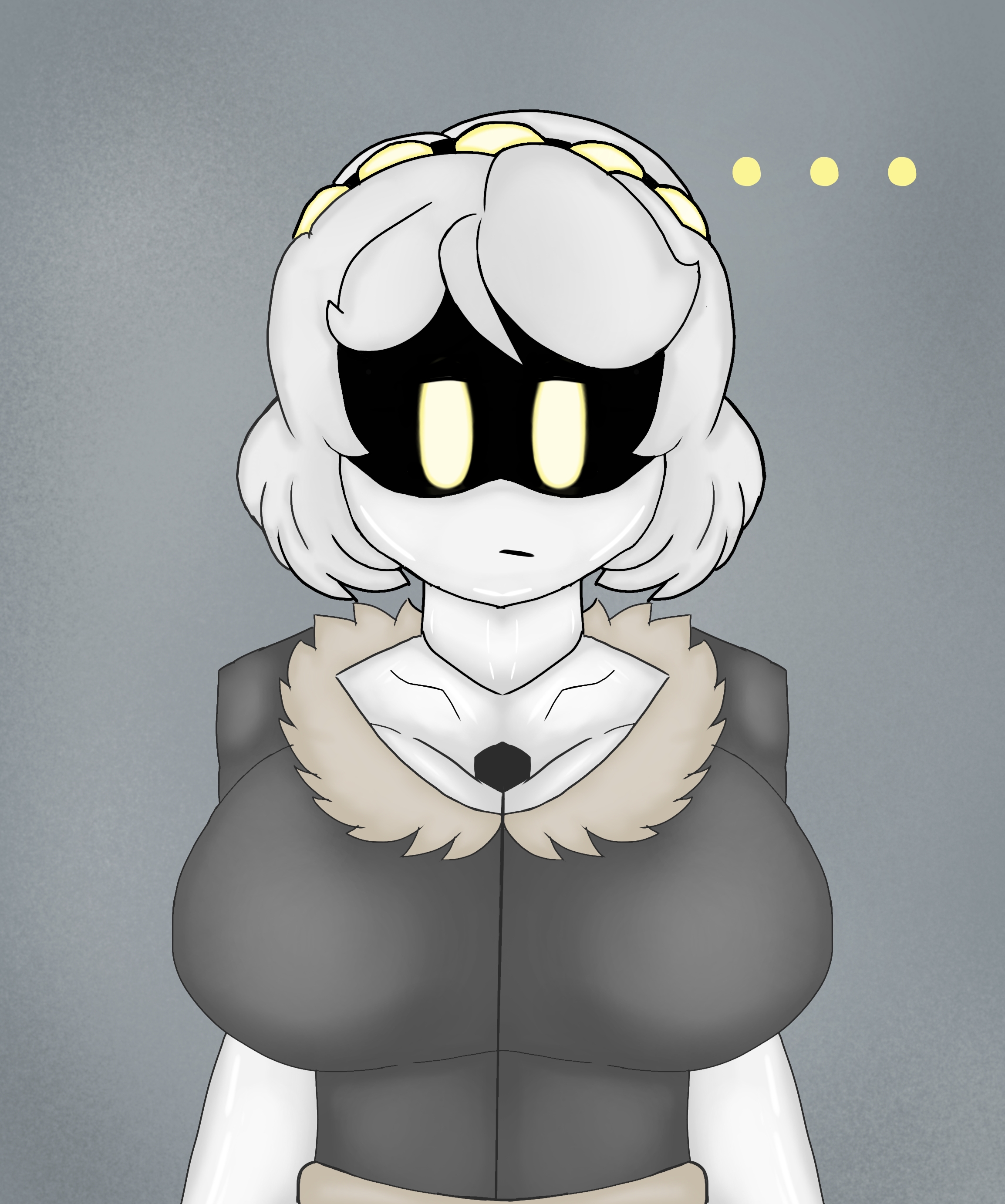 ..., ...?, 1girls, 2025, 2d, 2d (artwork), 2d artwork, big breasts, black jacket, breasts, eyes, female, female only, fur jacket, glitch productions, murder drones, ok sign, robot, robot girl, robot humanoid, sd loveher (artist), shiny body, shiny metal, short hair, silver hair, text, text bubble, top heavy, v (murder drones), white body, yellow eyes