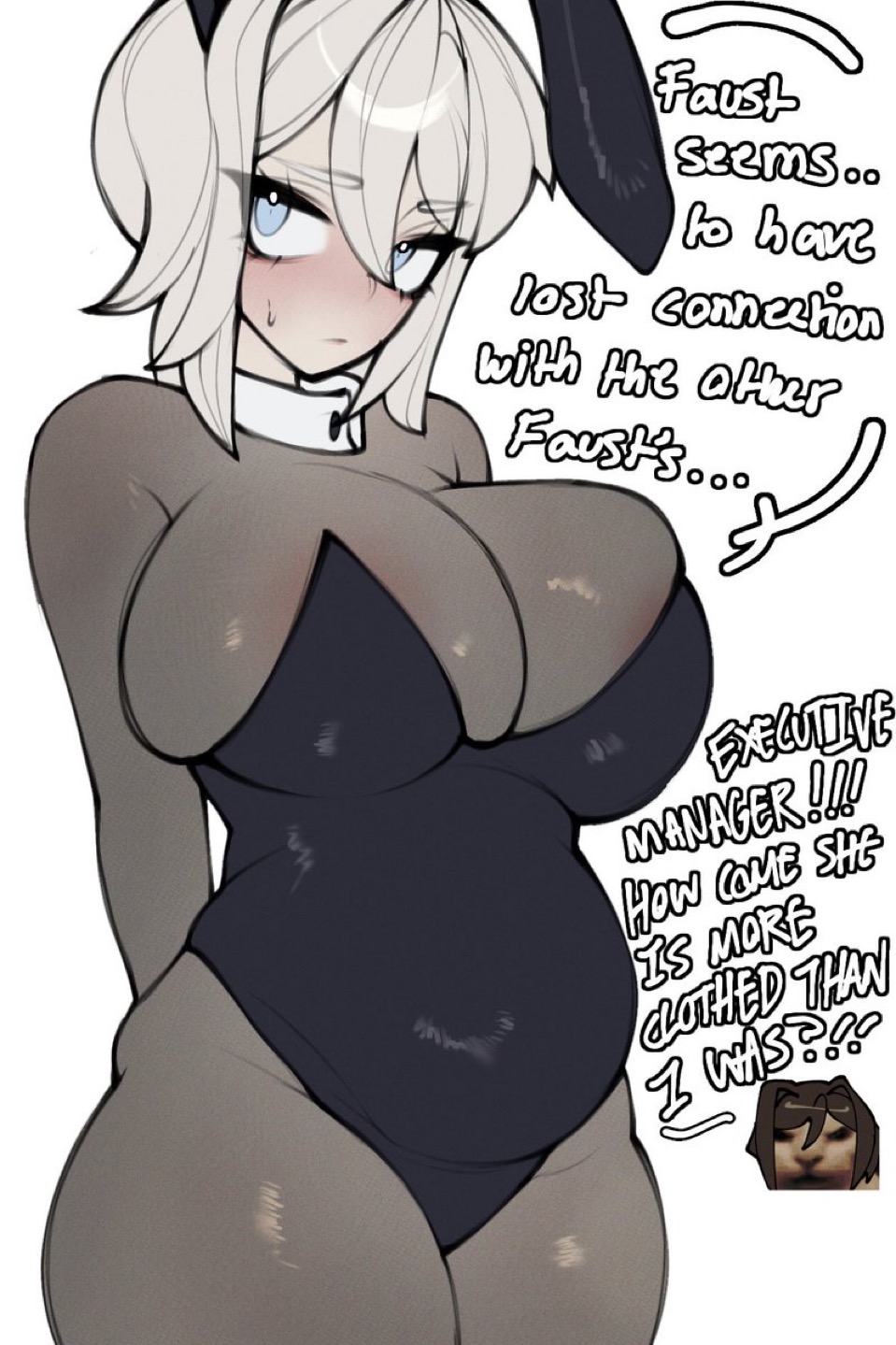 areola slip, big belly, big breasts, breasts, bunny ears, bunnysuit, chubby, faust (limbus company), female, limbus company, project moon, renata11033, shy