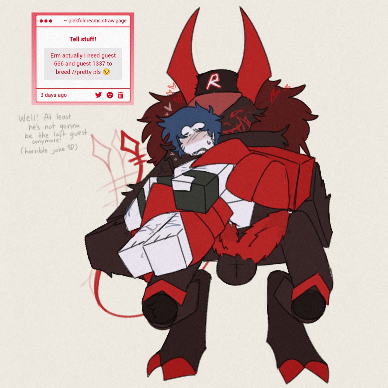 2boys, blocky body, carrying partner, cuntboy, diphallia, diphallism, forsaken (roblox), gay, guest 1337 (forsaken), guest 1337 (the last guest), guest 666, guest 666 (forsaken), heart, horns, horns and hooves, impregnation, intersex, male, male only, monster, monster cock, monster dick, multi genitalia, multi penis, penis, request, roblox, roblox game, robloxian, saltsforcooking, size difference, strawpage request, tail wagging, the last guest, transgender male, transman