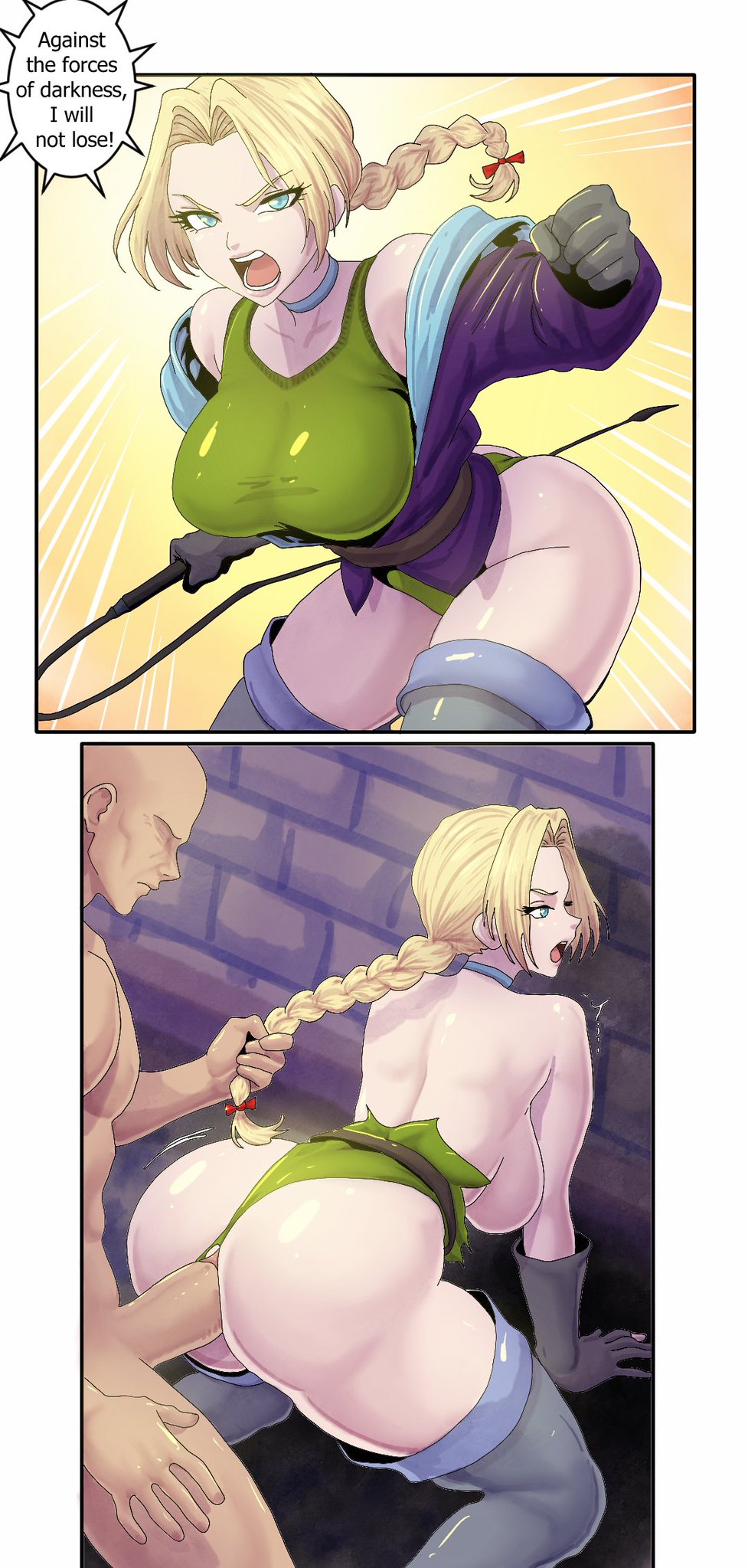 1girls, ass, blonde hair, blue eyes, braid, braid pull, braided ponytail, breasts, castlevania, castlevania legends, choker, commissioner upload, defeat sex, defeated, doggy style, faceless male, female, from behind, gloves, hair pull, instant loss, instant loss 2koma, large ass, large breasts, male, pussy, sex, sonia belmont, straight, tanukisan9997, thighhighs, torn clothes, vaginal penetration, whip