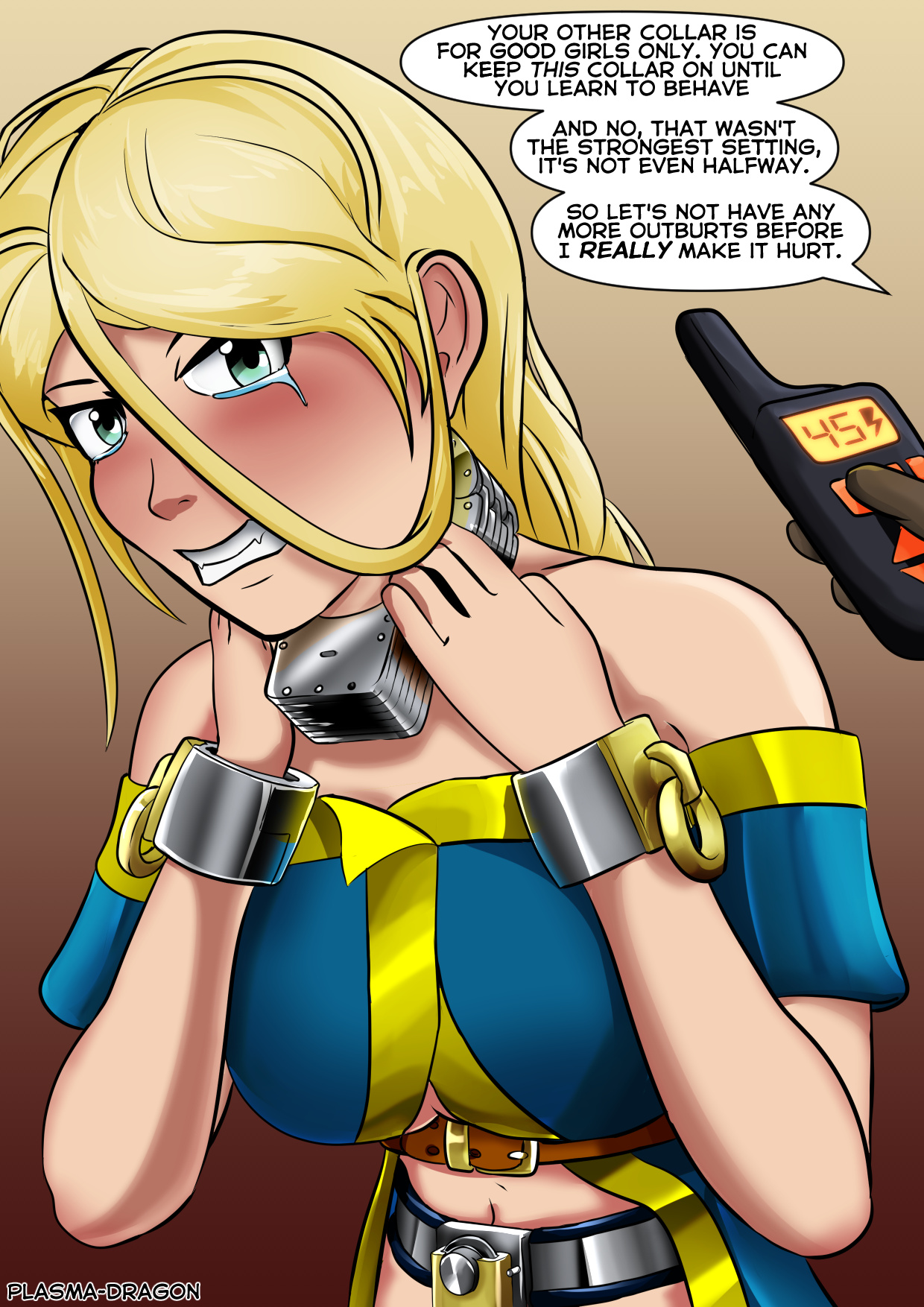 1girls, blonde hair, chastity belt, chastity device, collar, cuff (restraint), english text, female, female chastity, female focus, femsub, green eyes, metal collar, metal cuffs, plasma-dragon, punishment, remote control, shock collar, tears, text, wrist cuffs
