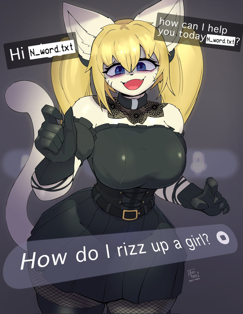 1girls, ani (twitter), anthro, arzyparzy, bare shoulders, black choker, black corset, black dress, black gloves, blonde hair, blue eyes, breasts, cat tail, catgirl, censored, censored slur, censored text, choker, corset, cropped torso, dialogue, dress, english text, fangs, female, furry, gloves, goth, grok, lace, lace choker, lace trim, lace-trimmed choker, large breasts, long hair, looking at viewer, off shoulder, off-shoulder dress, open mouth, puffy short sleeves, puffy sleeves, racial slur, racism, racist, short sleeves, simple background, slur, smile, solo, the n word, twintails