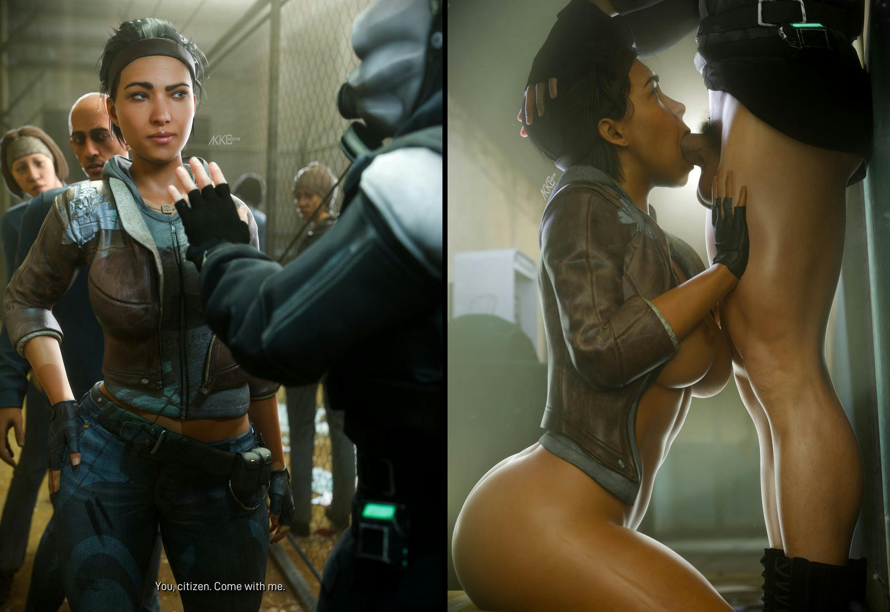 1boy, 1girls, 3d, akkonsfw, alyx vance, alyx vance (half-life:alyx), ass, background character, big breasts, blowjob, bottomless, bottomless female, bottomless male, breasts, breasts out, citizen (half-life 2), civil protection (half-life series), clothed, clothed female, clothing, combine (half-life series), dark skin, dark-skinned female, dialogue, english text, fellatio, female, female focus, female penetrated, functionally nude, functionally nude female, functionally nude male, half-life (series), half-life 2, half-life: alyx, hand on head, human, human female, human male, human only, human penetrated, human penetrating, human penetrating female, human penetrating human, imminent sex, instant loss 2koma, jacket, jeans, kneeling, kneeling oral position, light skin, light-skinned male, male, male penetrating, male penetrating female, male penetrating human, male/female, nipples, nude, open clothes, open shirt, oral, oral penetration, oral sex, penetration, penis, penis in mouth, questionable consent, straight, tagme, text, tits out