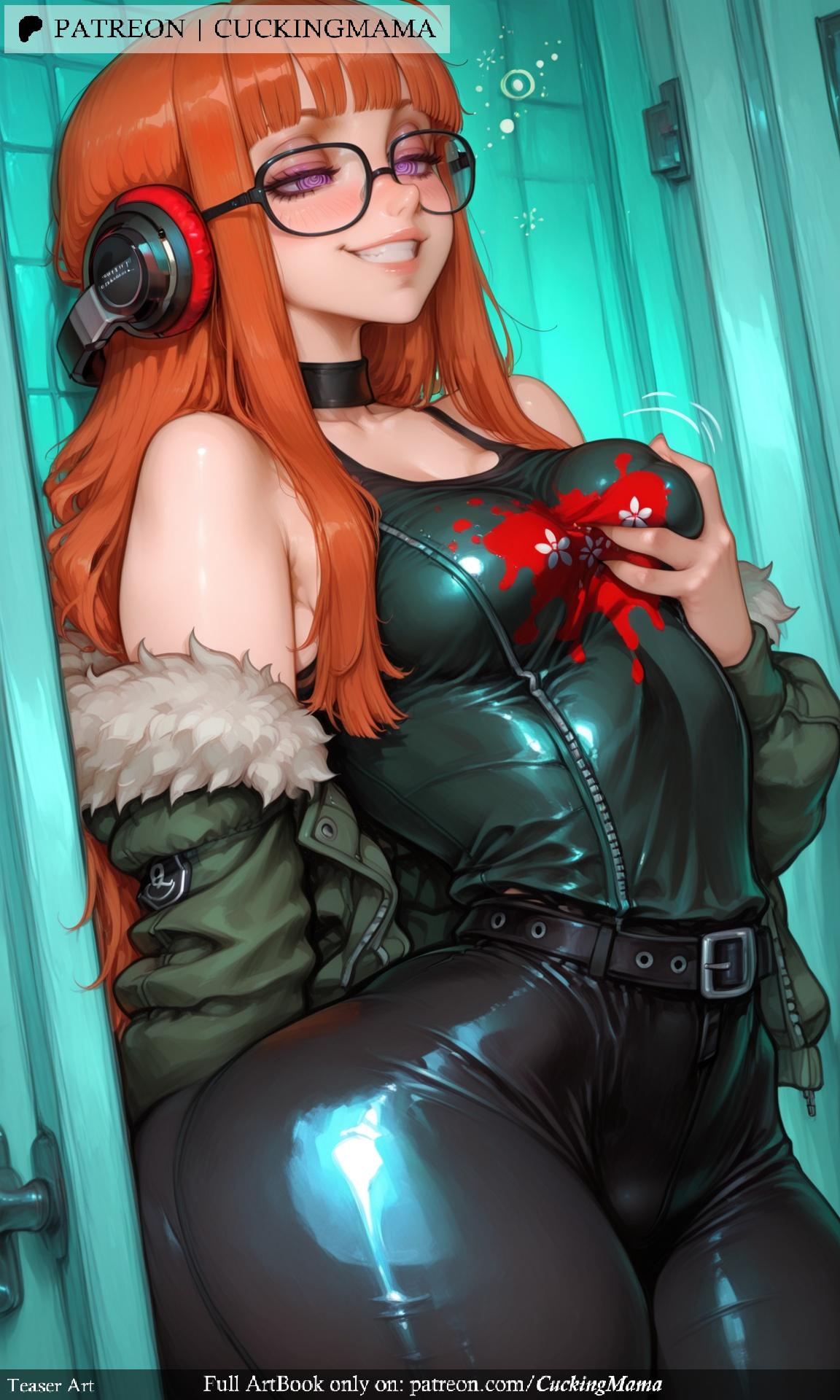 ahoge ai_generated bangs bare_shoulders behind-the-head_headphones black-framed_eyewear blunt_bangs blush breasts cameltoe cuckingmama eyebrows_visible_through_hair female fur-trimmed_jacket fur_trim glasses green_jacket grin headphones jacket long_hair medium_breasts off_shoulder orange_hair purple_eyes sakura_futaba shorts smile solo tagme teeth very_long_hair