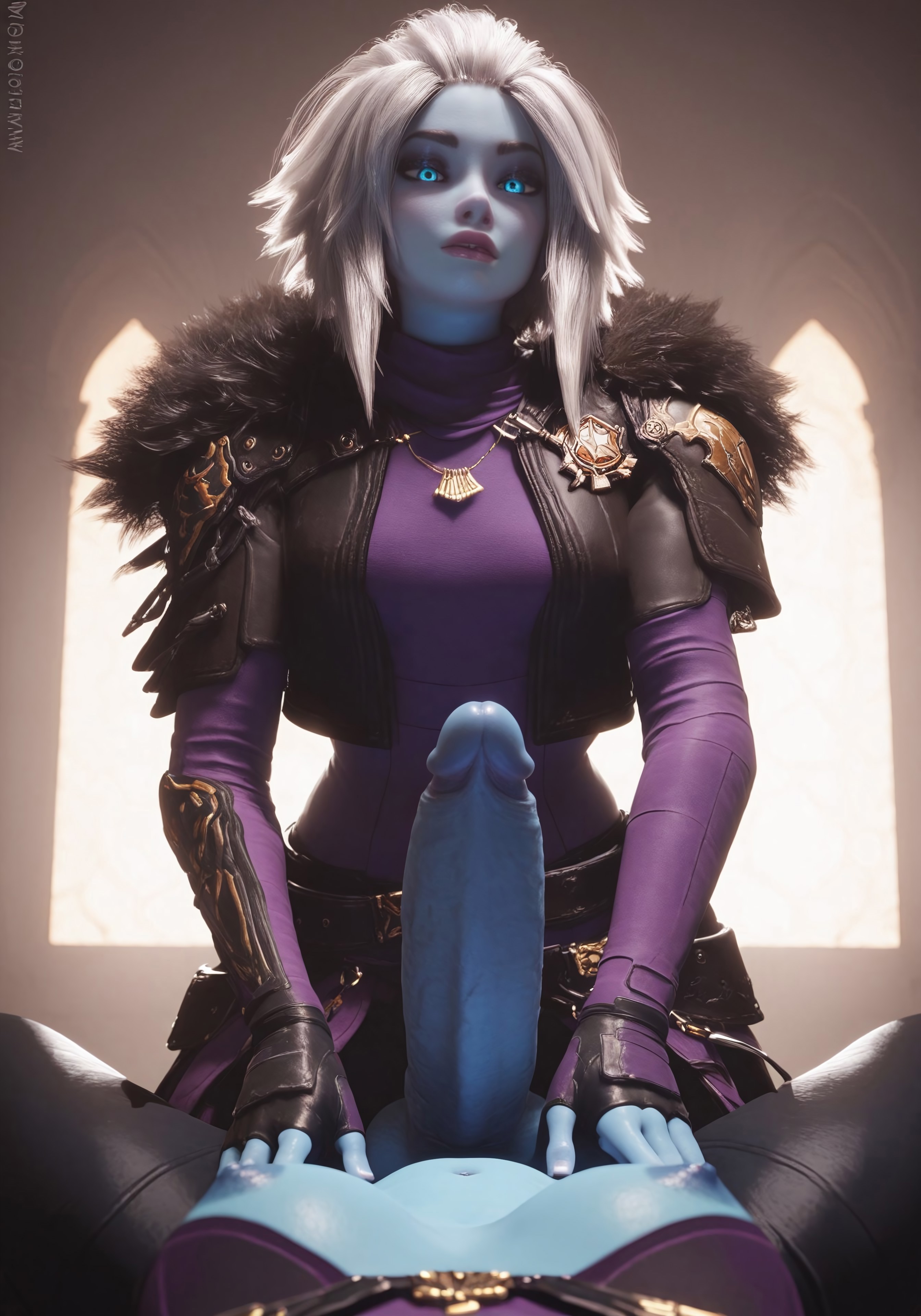 1futa, 1girls, ai generated, areolae, awoken, blue body, blue skin, breasts, civitai, destiny (game), destiny 2, dominant futa, erection, female, female pov, full-package futa, futa on female, futanari, hi res, imminent sex, impending sex, intersex, large breasts, large penis, looking at viewer, mara sov, myth1c2, nipples, penis, pov, pov female, sexually suggestive, submissive pov, video game, video game character, video game franchise, white hair