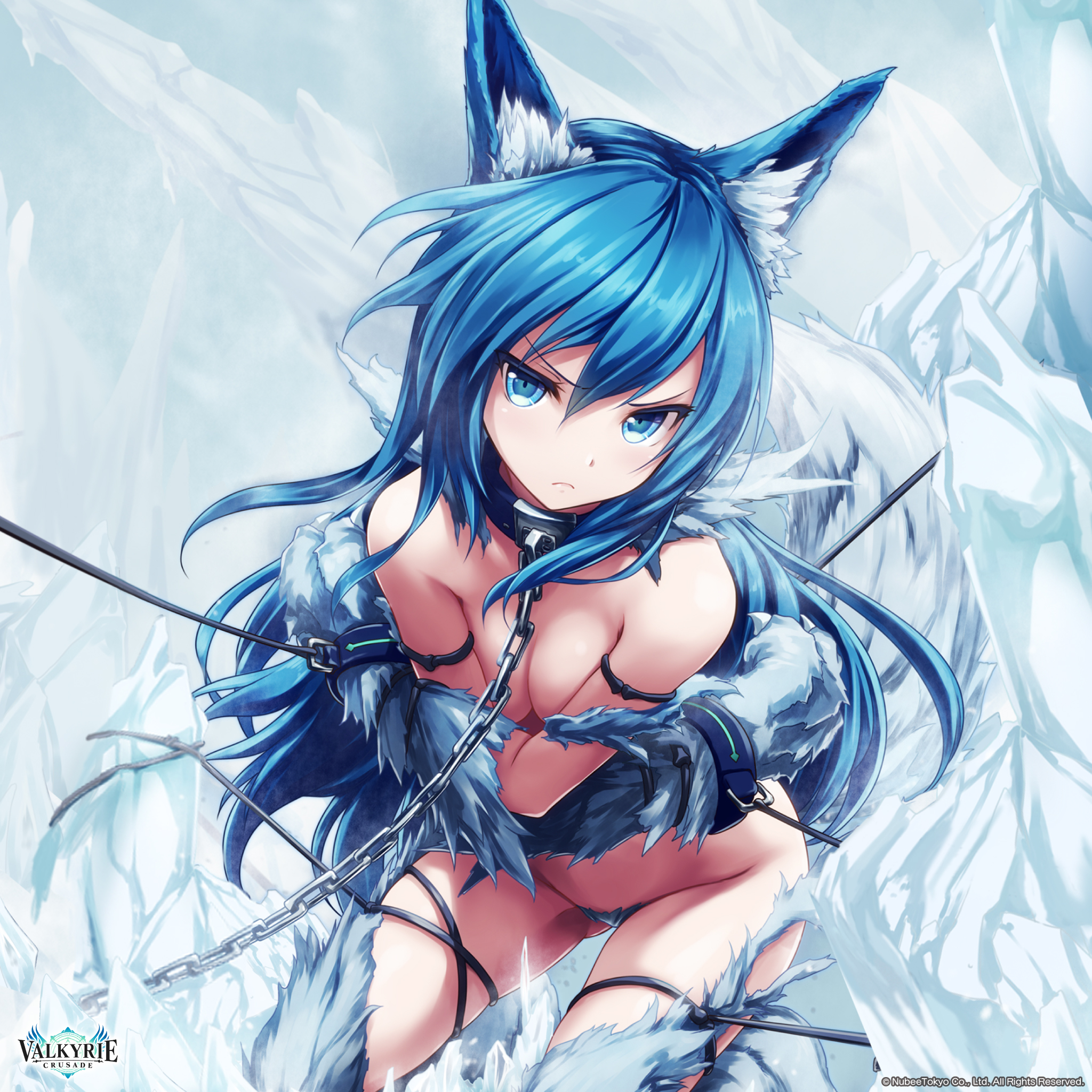akkijin, animal ears, bare shoulders, blue eyes, blue hair, bondage, breast hold, breasts, claws, cleavage, collar, female, fenrir (shinkai no valkyrie), frown, fur, hair between eyes, highres, ice, leash, long hair, looking at viewer, official art, paws, restrained, shinkai no valkyrie, solo, tail, very long hair, watermark, wolf ears