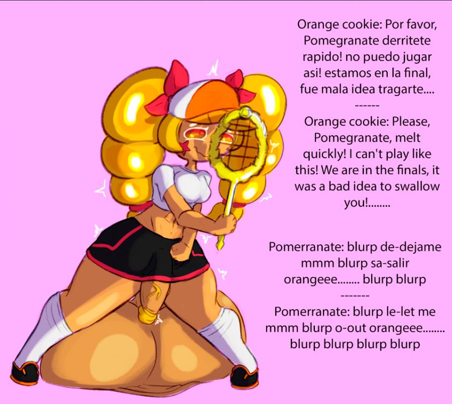 1futa 1girls balls_bigger_than_penis begging begging_for_mercy big_balls churning cock_vore cookie_run cookie_run_ovenbreak cum_digestion female female_prey futa_on_female futa_pred futanari intersex orange_cookie oversized_balls penis pleasure_face pomegranate_cookie spanish_text squirming text unwilling_prey voraciouscake willing_pred