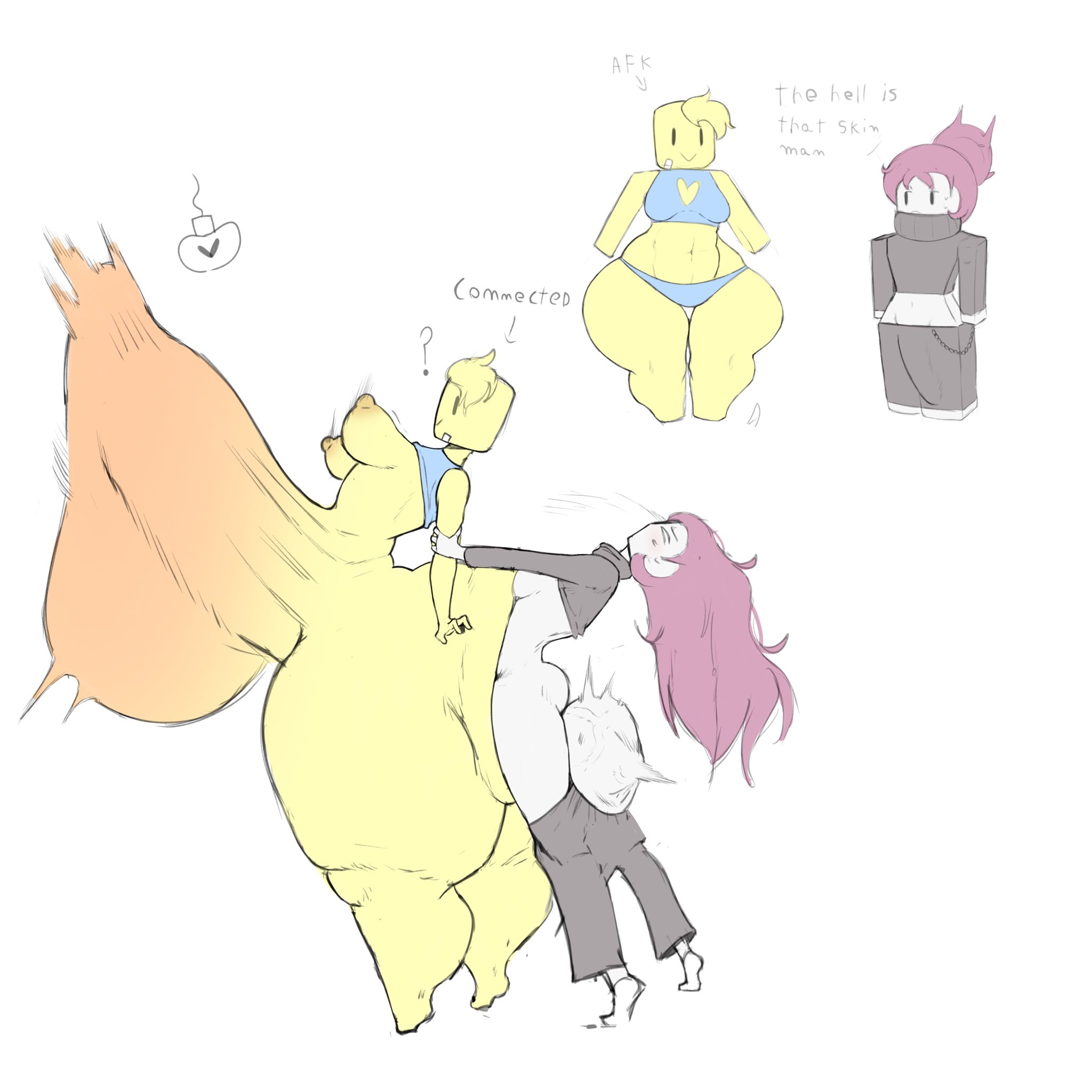 afk, anal penetration, arms, bandage on face, big ass, big balls, big butt, big thighs, blank eyes, cum, cum in pussy, cum inside, cumflation, english, english text, femboy, futa on male, futanari, guest (roblox), hair, holding arms, impregnation, inflation, living condom, long hair, male impregnation, megamor, moobs, mpreg, noob, pink hair, purple hair, roblox, robloxian, side view, simple background, size difference, skimpy, small breasts, stomach bulge, thighs, torso, turtleneck, white body, wide hips, yellow body, yellow hair