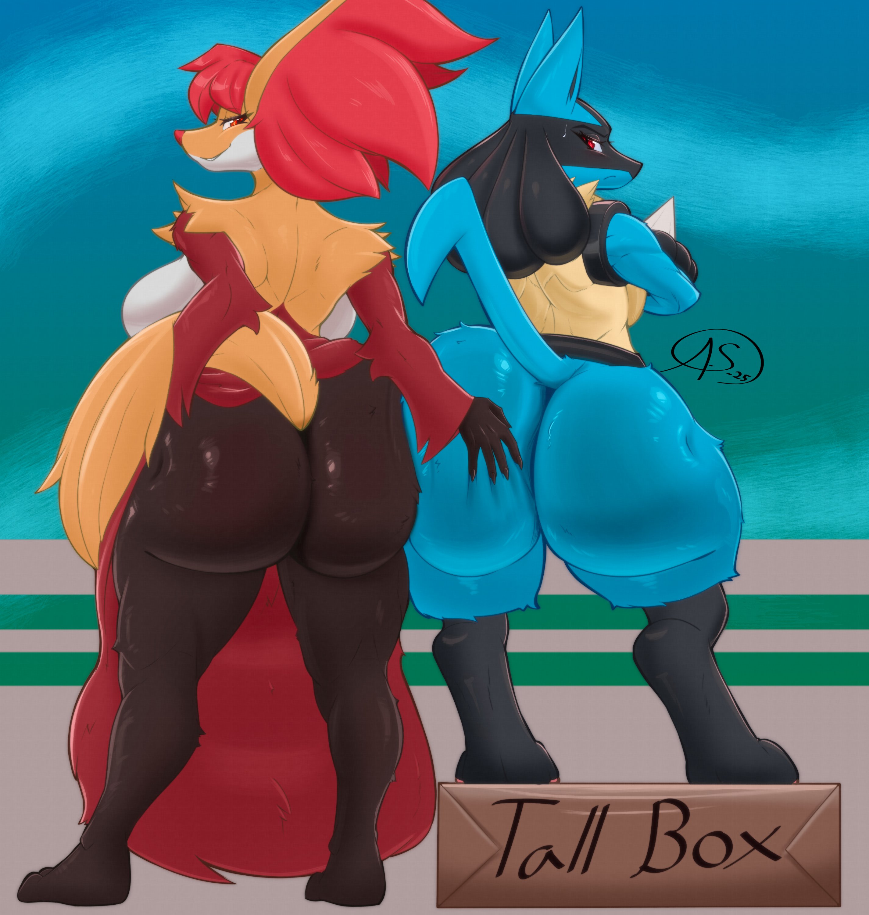 2025, 2girls, aerodraws, anthro, anthro female, artist name, artist signature, ass, ass bigger than head, ass cleavage, ass focus, ass grab, ass to ass, back view, backboob, bedroom eyes, big breasts, black hair, bottom heavy, box, breasts, canid, canine, comparing, delphox, digital drawing (artwork), digital media (artwork), duo, ear tuft, eyebrows, eyelashes, fat ass, female, female focus, female lucario, female only, fur, furry, furry only, game freak, generation 4 pokemon, generation 6 pokemon, groping, groping ass, hair, height difference, huge ass, huge breasts, large ass, large breasts, looking at viewer, looking back, lucario, mammal, multiple females, multiple girls, naked female, neck tuft, nintendo, no humans, no visible genitalia, nude, nude female, pokémon (species), pokemon, pokemon (species), pokemon dppt, pokemon xy, red eyes, red fur, red hair, smile, standing, sweat, sweatdrop, tail, text, thick thighs, thighs, tuft, video games, voluptuous, voluptuous female, watermark, white fur, wide hips, yellow fur