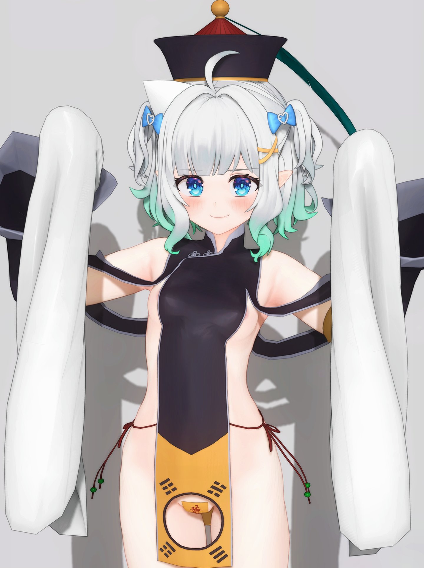 1girls, 3d, ahoge, areola slip, areolae, blue eyes, blush, breasts, chinese clothes, closed mouth, covered pussy, covered vagina, cutout, densetsu.exe, female, female only, ghost pose, indie virtual youtuber, jiangshi, jiangshi costume, light skin, light-skinned female, looking at viewer, loshi, maid mint, mint fantome, multicolored hair, pelvic curtain, pointed ears, pointy ears, pussy, pussy cutout, sideboob, sleeveless, small breasts, smile, talisman, talisman on pussy, thigh gap, tied hair, twintails, virtual youtuber, white hair, young