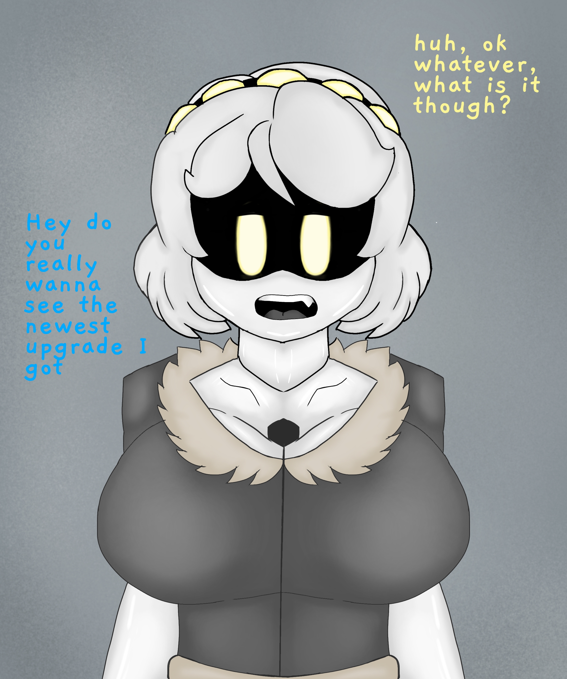 1girls, 2025, 2d, 2d (artwork), 2d artwork, big breasts, black jacket, breasts, eyes, female, female only, fur jacket, glitch productions, murder drones, ok sign, question, questionable, questions, robot, robot girl, robot humanoid, sd loveher (artist), shiny body, shiny metal, short hair, silver hair, text, text bubble, top heavy, v (murder drones), white body, yellow eyes
