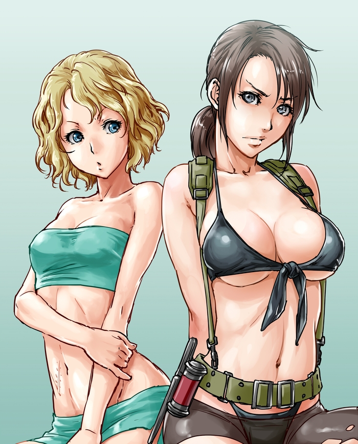 2girls belt bikini blonde_hair blue_eyes breast_envy brown_hair cleavage female female_only kzy metal_gear metal_gear_solid metal_gear_solid_v multiple_girls navel pantyhose paz_ortega_andrade ponytail quiet_(metal_gear) scar short_hair sitting stefanie_joosten tied_hair torn_pantyhose underboob