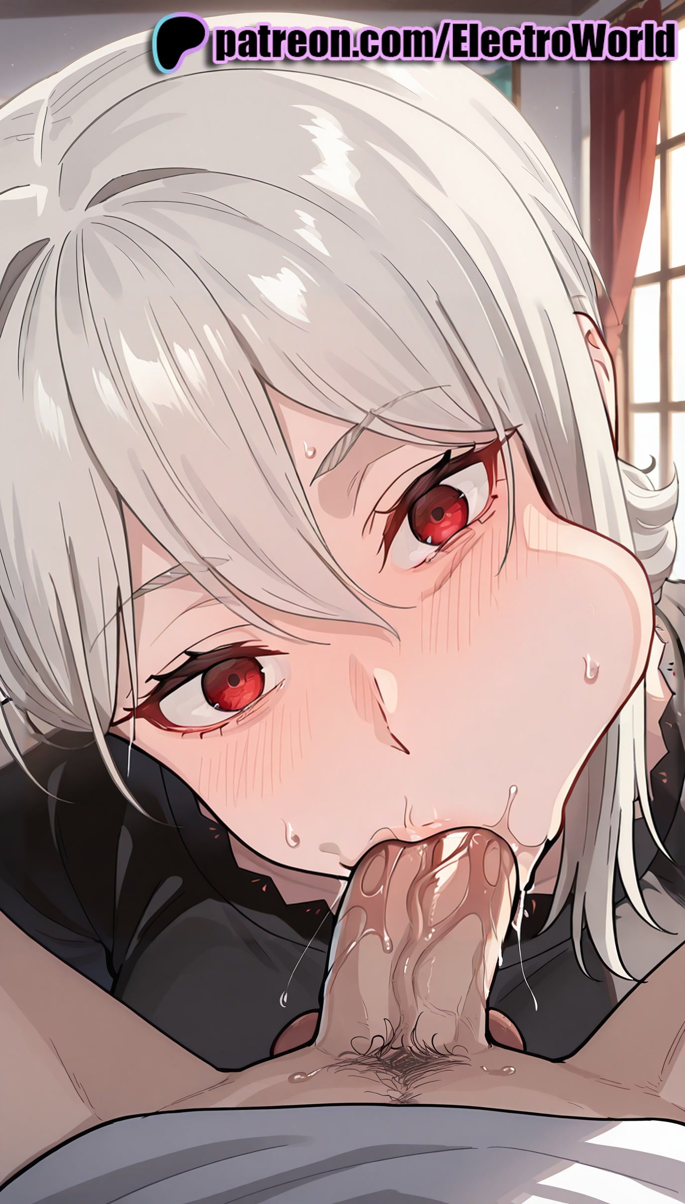 1boy, 1girls, 2025, ai generated, artist name, balls, blowjob, blowjob face, blush, cock, dick, electroworld, erection, fellatio, female, hi res, high quality, high resolution, highres, licking, looking at viewer, male, nakiri alice, oral, oral sex, patreon, patreon username, penis, pubic hair, red eyes, shokugeki no souma, stable diffusion, straight, sucking, testicles, uncensored, watermark, white hair