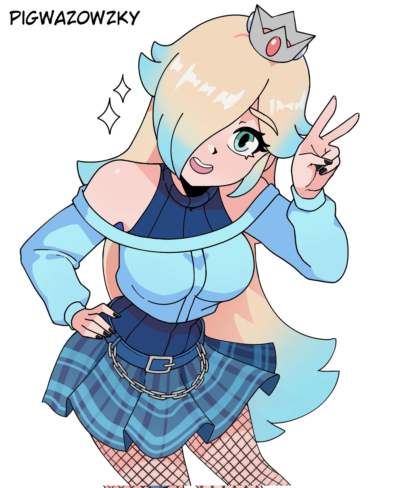1girls, 2025, artist name, ass, belt, big ass, big breasts, blonde female, blonde hair, blonde-haired female, breasts, clothed, clothed female, clothing, crown, e-girl, egirl, english, english text, female, female focus, female only, fingernails, fishnet, fishnet clothing, fishnet legwear, fishnet stockings, fishnets, fully clothed, fully clothed female, hair over one eye, mario (series), nail paint, nintendo, painted fingernails, painted nails, peace sign, pigwazowzky, platinum blonde hair, princess rosalina, silver crown, solo, solo female, solo focus, super mario bros., super mario galaxy, teal hair, teal-haired female, text, thick thighs, thighs, two-tone hair