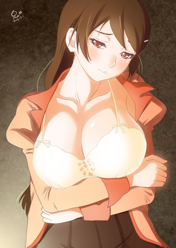 1girls, 2d, artist request, black skirt, blush, bow, breast hold, breasts, brown hair, camisole, cleavage, collarbone, cowboy shot, crossed arms, dated, derivative work, embarrassed, female, hair ornament, hairclip, hanekawa tsubasa, huumoon, juliet sleeves, kizumonogatari, long hair, long sleeves, looking at viewer, monogatari (series), open clothes, open shirt, pleated skirt, puffy sleeves, red eyes, school uniform, shy, sidelocks, signature, skirt, solo, upper body, white camisole