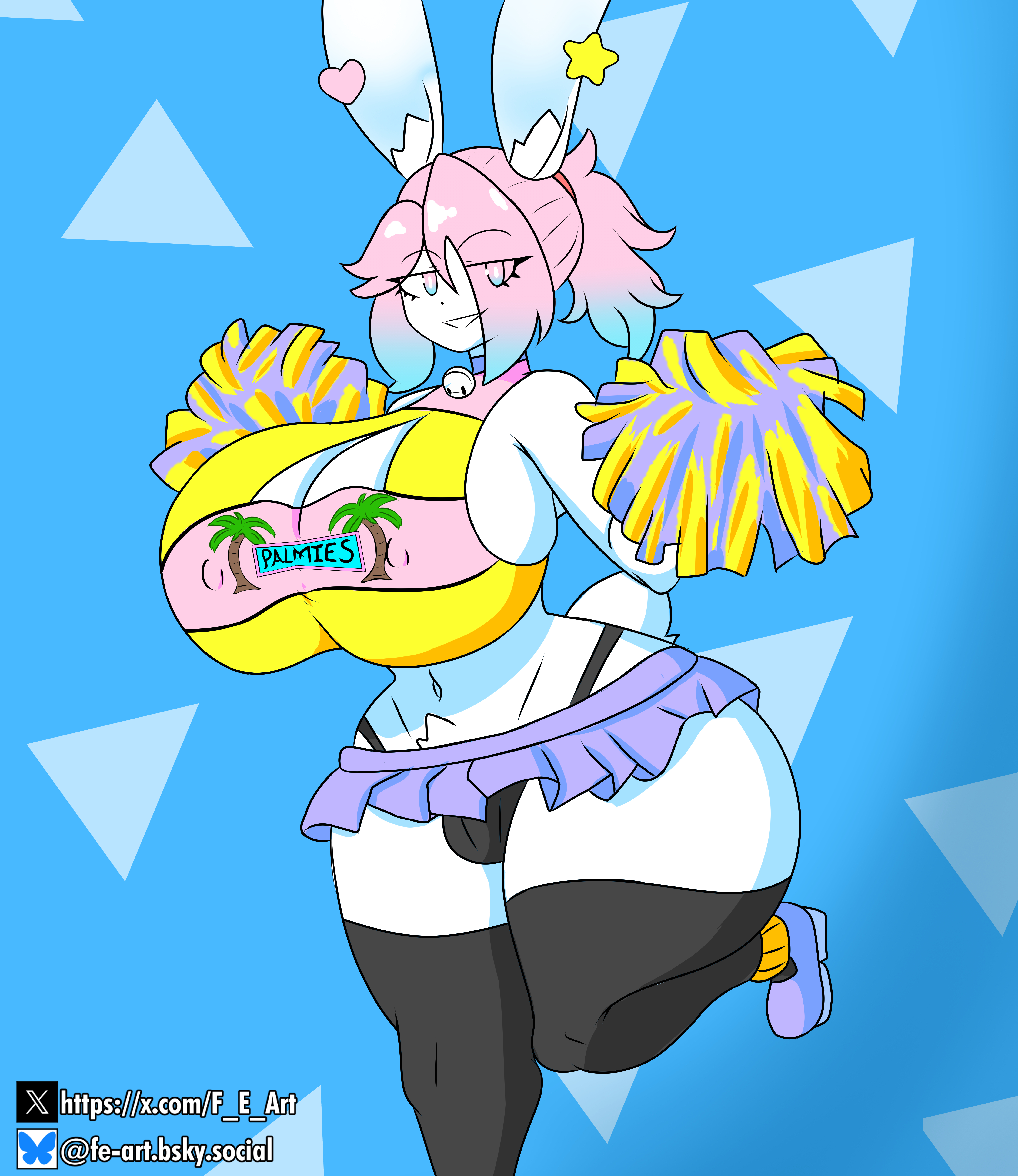 anthro, breasts, bulge, bunny ears, busty, busty male, cheerleader, cheerleader outfit, cheerleader uniform, cock, f e , gay, large ass, legs up, male, male with breasts, peanut butter (theycallhimcake), penis, penis bulge, pink eyes, pink hair, pom poms, ponytail, skirt, smile, smiling, standing, standing on one leg, stockings, theycallhimcake, thick thighs