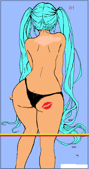 1girl, aqua hair, ass, ass focus, back, back view, black panties, blue background, from behind, hatsune miku, kiss mark, lipstick mark, long hair, oekaki, panties, pixel art, solo, thong, topless, twintails, underwear, very long hair, wplace, wplace (artwork)