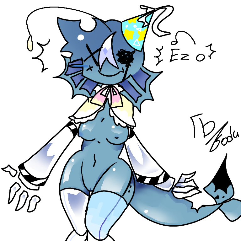 :3 anglerfish artificial_skin artificial_vagina berrysoda black_blood black_eye black_tears bolts bowtie cute_expression exposed_pussy ezo_(berrysoda) fan_character fangs fins fish fish_tail flat_chest floating_hands forsaken_(roblox) glistening_body lightbulb metallic_body oc original_character party_hat redesign roblox roblox_game robot_girl self_upload silly silly_face simple_background small_breasts thigh_high thighs white_background x_eye x_mark