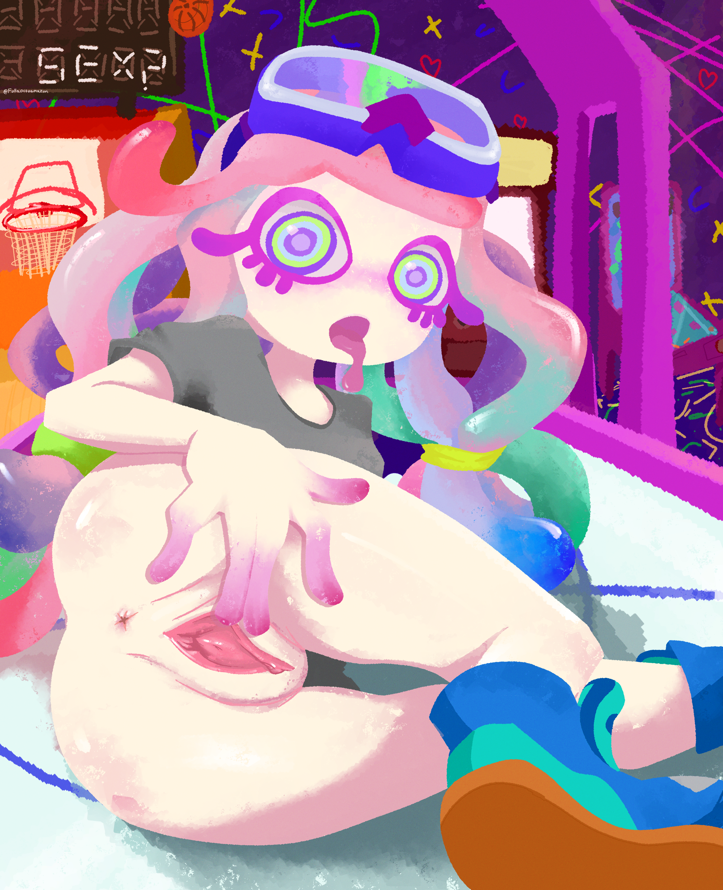 1girls, 2d (artwork), arcade, basketball, counter, digital drawing (artwork), digital media (artwork), female, female focus, female only, follaoctoamazon, harmony (splatoon), legs apart, looking at viewer, nintendo, pussy, splatbands, splatoon, splatoon (series), splatoon 3, spread pussy, spreading, text, the chirpy chips, watermark