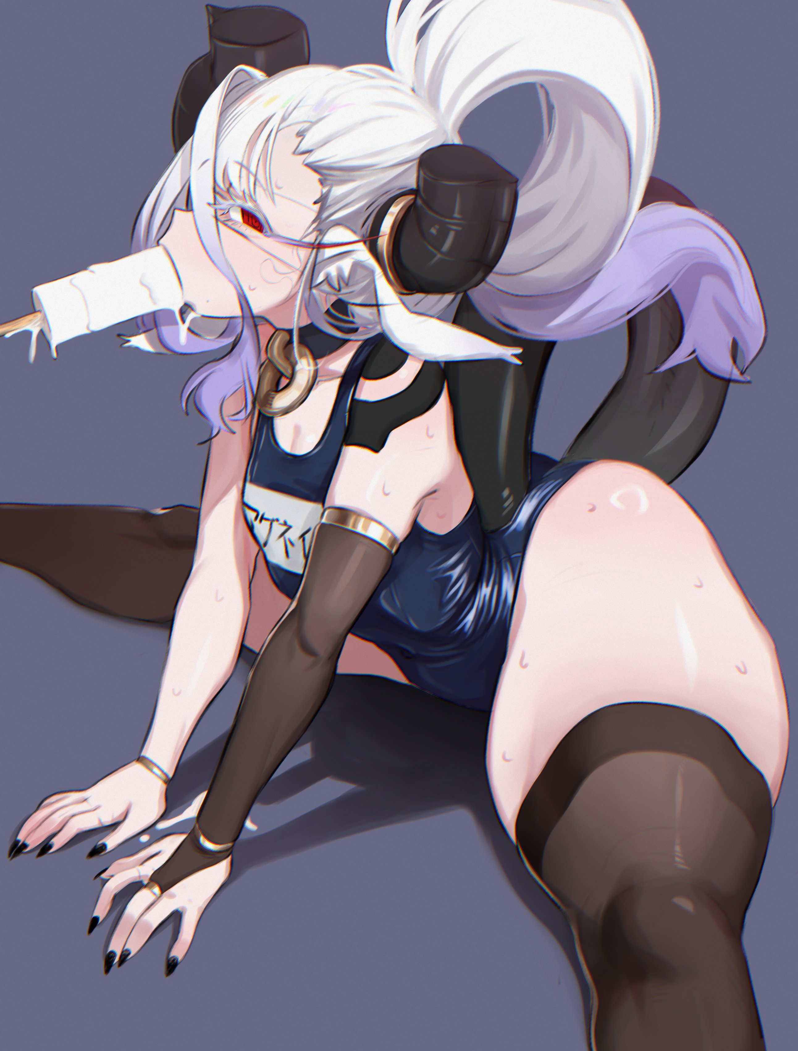 1boy, agneia (sunsal), femboy, gay, girly, horns, male, one piece swimsuit, painted nails, popsicle, popsicle in mouth, red eyes, school swimsuit, seductive, sunsal, swims, swimsuit, tail, thick thighs, thighs, trap, white hair