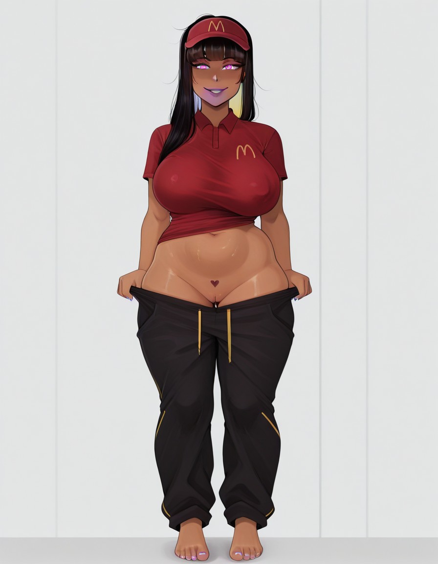 ai generated, asmodeusoni, black hair, fast food uniform, female, pulling down pants, pussy, rainbow hair, sona (cinnabus), toenail polish, two-tone hair