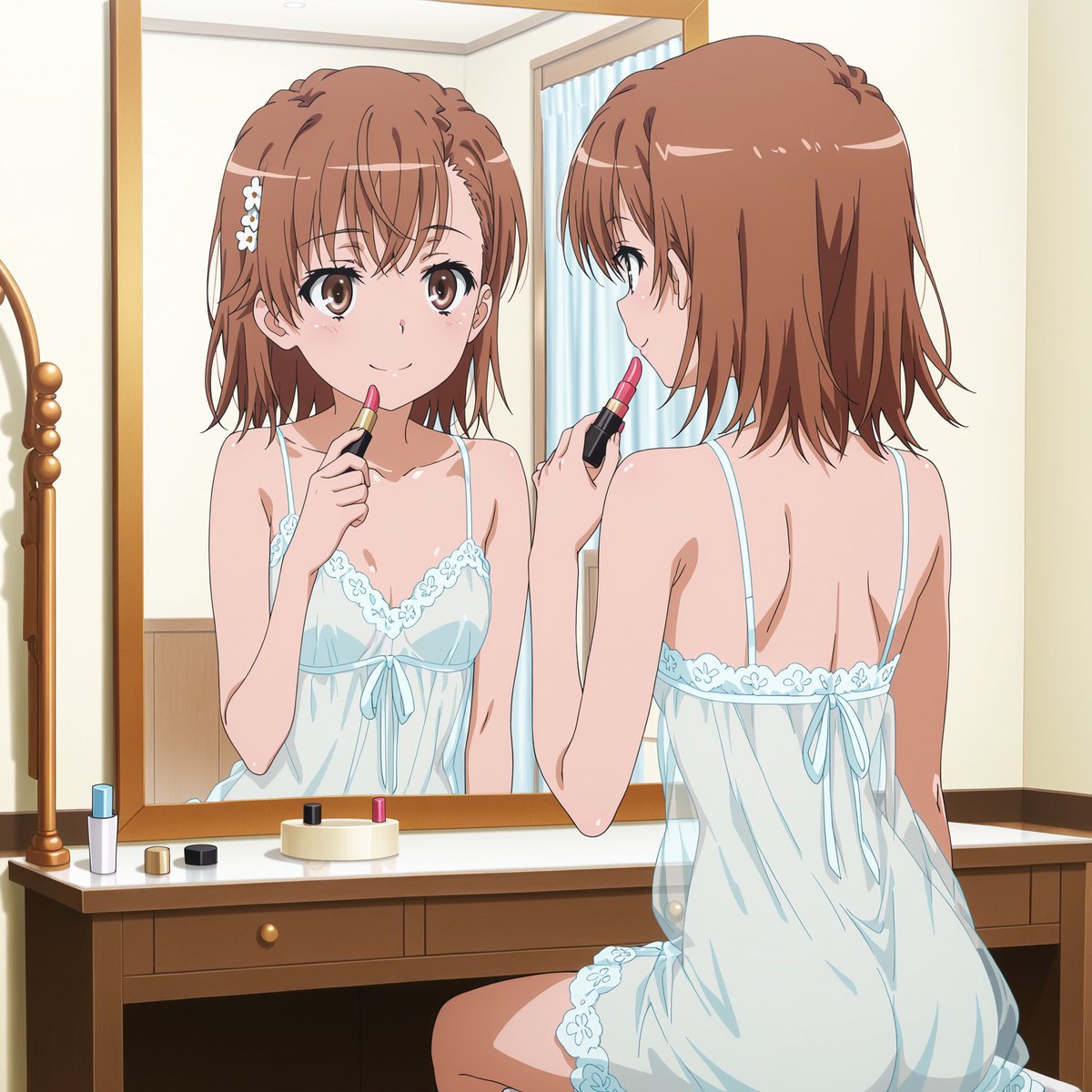 1girls, 2020s, 2025, ai generated, ai mon9 (ai generator), ass, bare shoulders, breasts, brown eyes, brown hair, cleavage, collarbone, female, hair flower, hair ornament, holding lipstick tube, indoors, lingerie, lingerie only, lipstick, looking at mirror, matching hair/eyes, mirror, misaka mikoto, no bra, no panties, no underwear, reflection, see-through, short hair, shoulder blades, sitting, small breasts, smile, solo, teenage female, teenager, to aru kagaku no railgun, to aru majutsu no index, young