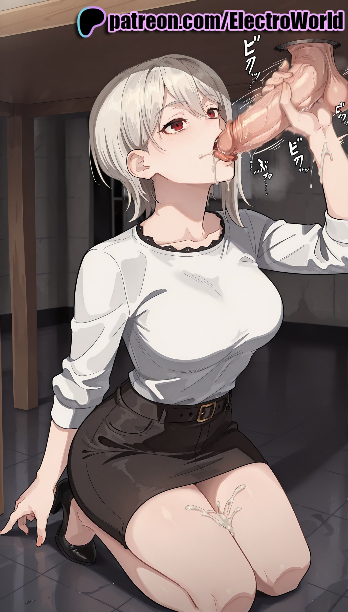 1boy, 1girls, 2025, after fellatio, ai generated, artist name, balls, breasts, bust, chest, cock, cum, cum in mouth, cum on body, cum on breasts, cum on clothes, cum on hair, cum on hands, cum string, cumdrip, dick, ejaculation, electroworld, erection, facial, female, hi res, high quality, high resolution, highres, large penis, male, nakiri alice, open mouth, patreon, patreon username, pencil skirt, penis, projectile cum, shokugeki no souma, short hair, skirt, stable diffusion, straight, testicles, tile floor, tiles, uncensored, veins, veiny penis, watermark