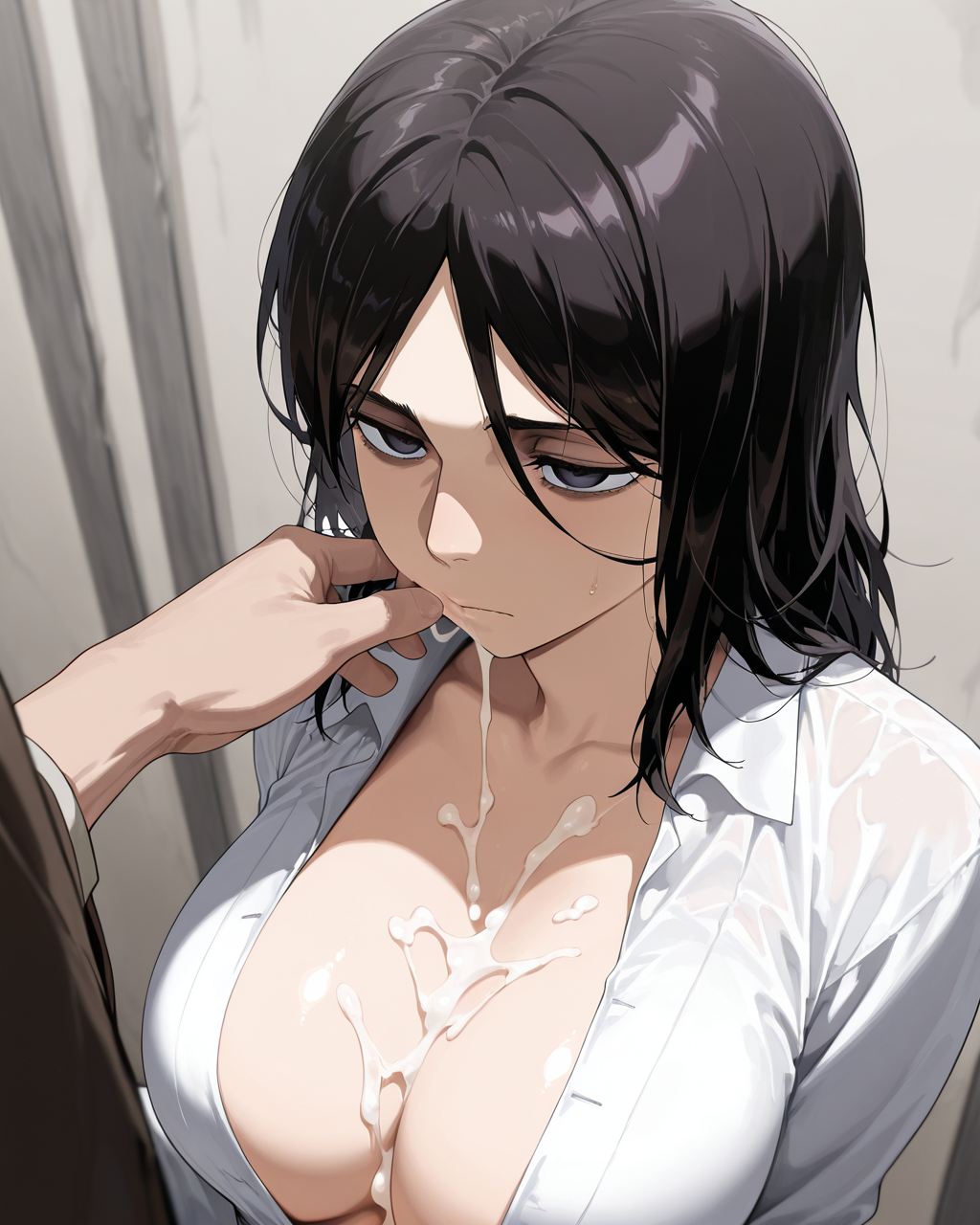 2024 ai_assisted ai_generated attack_on_titan black_eyes black_hair breasts cleavage closed_mouth collared_shirt cum cum_on_body cum_on_breasts cum_on_upper_body dress_shirt female high_quality high_resolution highres large_breasts long_hair lumis_art mole mole_under_eye pieck_finger shingeki_no_kyojin shirt solo unbuttoned upper_body white_shirt