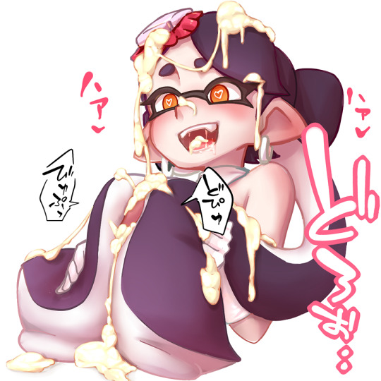animal humanoid, anthro, black hair, blush, bukkake, callie (splatoon), cephalopod, cephalopod humanoid, color, cum, disembodied penis, domino mask, female, gloves, hat, heart-shaped pupils, humanoid, inkling, japanese text, long hair, male, mask, mask (marking), nintendo, penis, pointy ears, prehensile hair, pseudo hair, simple background, solo focus, splatoon, splatoon (series), squid, squid sisters, tentacle, tentacle hair, text, twintails, uncensored, white background, yellow eyes
