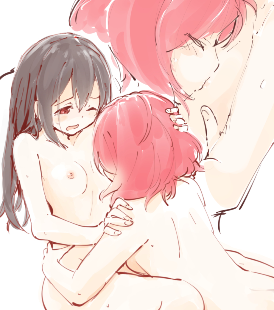 2girls, black hair, blush, breasts, cover, cover page, doujin cover, female, highres, looking at viewer, love live!, love live! school idol project, multiple females, multiple girls, nipples, nishikino maki, purple eyes, red eyes, red hair, short hair, small breasts, star, tied hair, twintails, yazawa nico, yuri