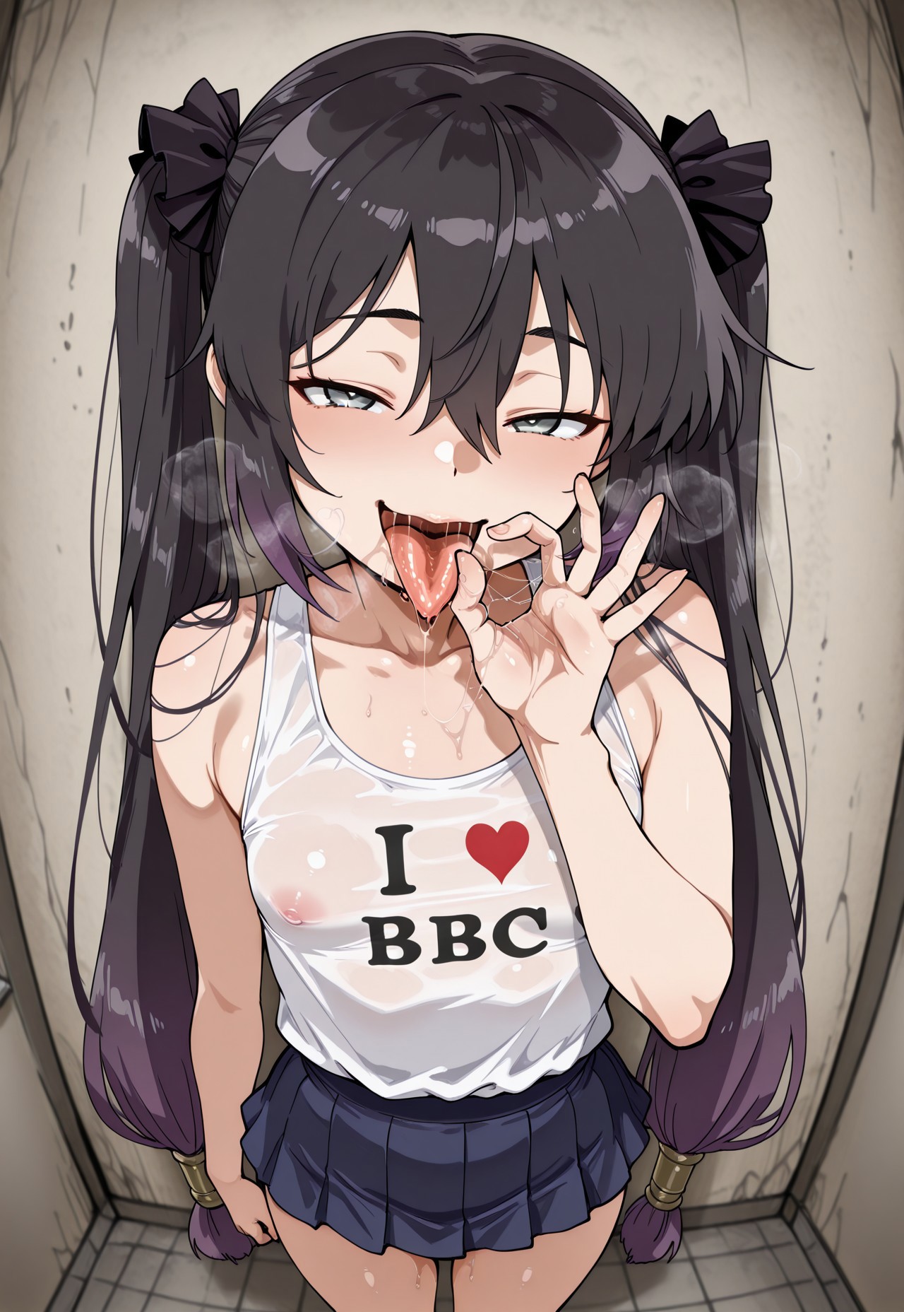 ai generated, before sex, blush, breasts, fellatio gesture, female, fisheye, flat chest, genshin impact, heavy breathing, hoyoverse, inviting to oral, mona (genshin impact), nipples, nipples visible through clothing, open mouth, raceplay, saliva, skirt, small breasts, standing, text, tight clothing, tongue, tongue out, tshirt, writing