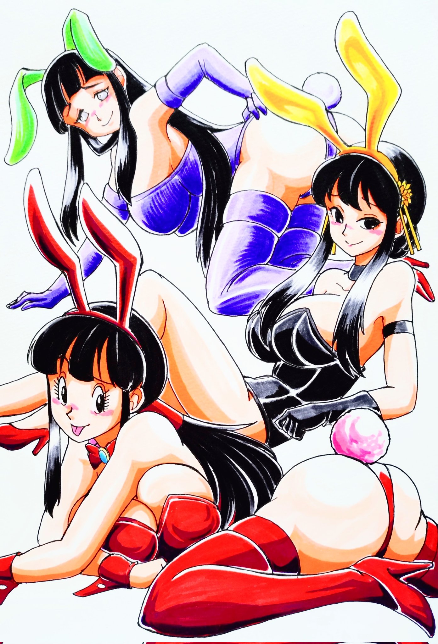 2d, 3girls, area5169458561, big ass, big breasts, big butt, breasts, bunny ears, bunny girl, bunnysuit, chichi, chichi (bunny), chichi (dragon ball), dragon ball, dragon ball super, dragon ball z, female, footwear, full color, fully clothed, hyuuga hinata, naruto, naruto (series), no penetration, playboy bunny, spy x family, yor forger
