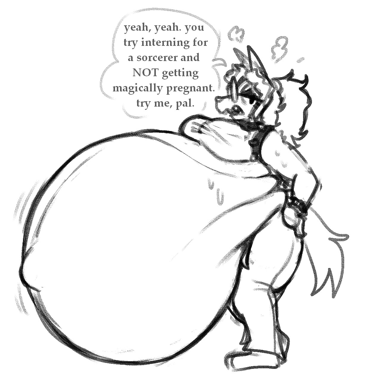 1girls, anthro, anthro only, big breasts, breasts, dialogue, english text, eyeshadow, female, furry, furry only, fursona, glasses, hyper, hyper belly, hyper pregnancy, offscreen character, pregnancy, pregnant, pregnant anthro, pregnant belly, pregnant female, punkitt, punkitt (fursona), sweat, sweating, tail, text, trans woman, werewolf, werewolf girl, wolf, wolf ears, wolf girl, wolf tail, wolfgirl9million