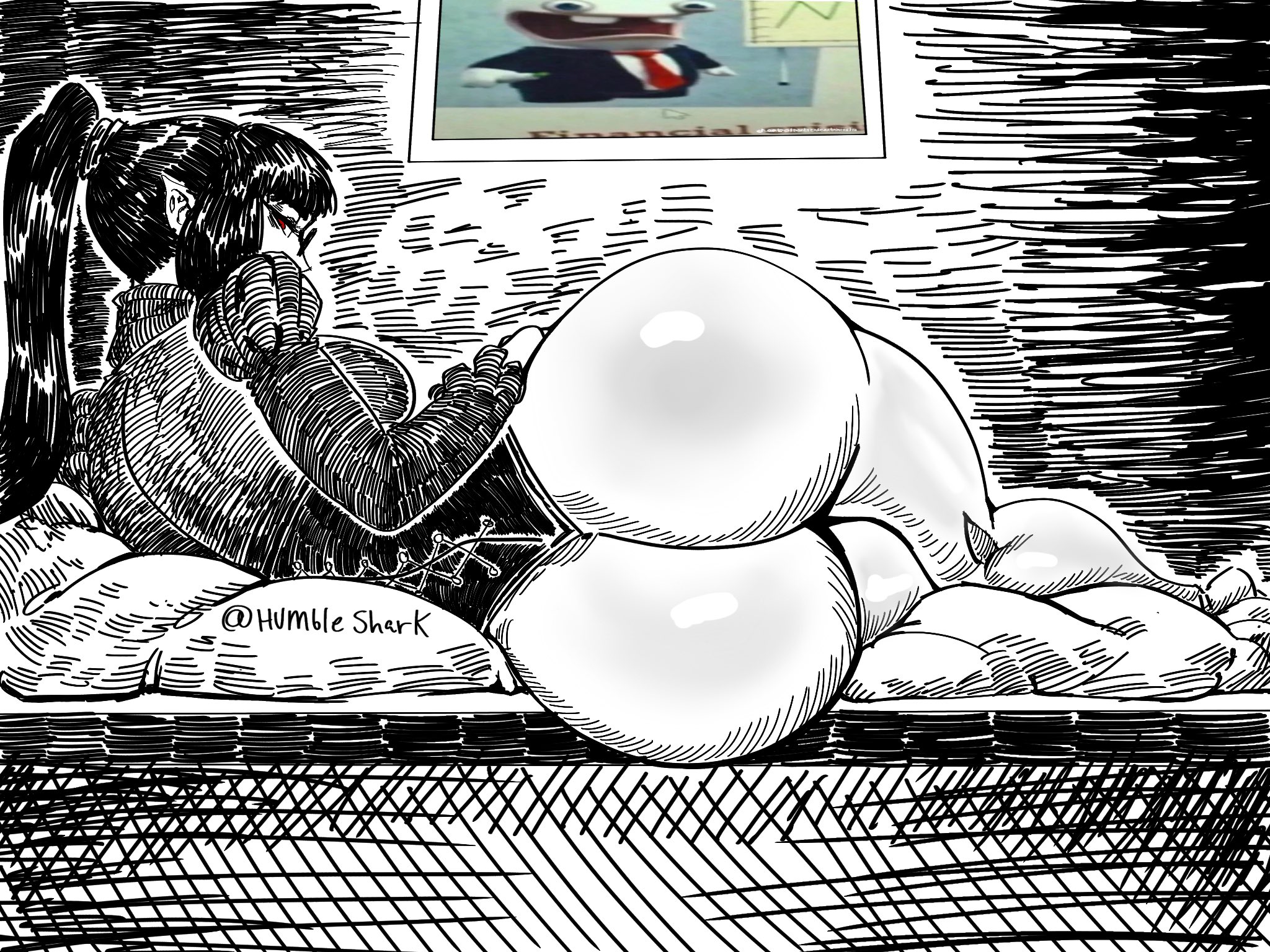 1girls, ass, bubble ass, bubble butt, fat ass, female, female only, giant ass, glasses, hand on ass, hand on butt, huge ass, humble shark, ichiyo (humble shark), large ass, massive ass, monochrome, ponytail, red eyes, unique style