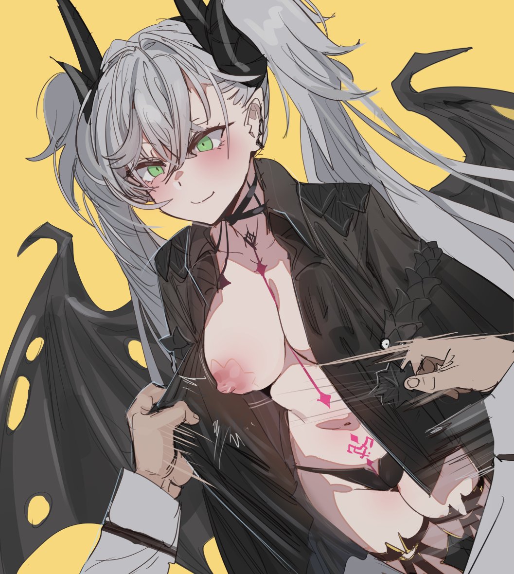 areola slip, bow (bhp), breasts, fate (series), fate/grand order, female, lilith (fate), male, male out of frame, nipples, no bra, open clothes, panties, pasties, pasties removed