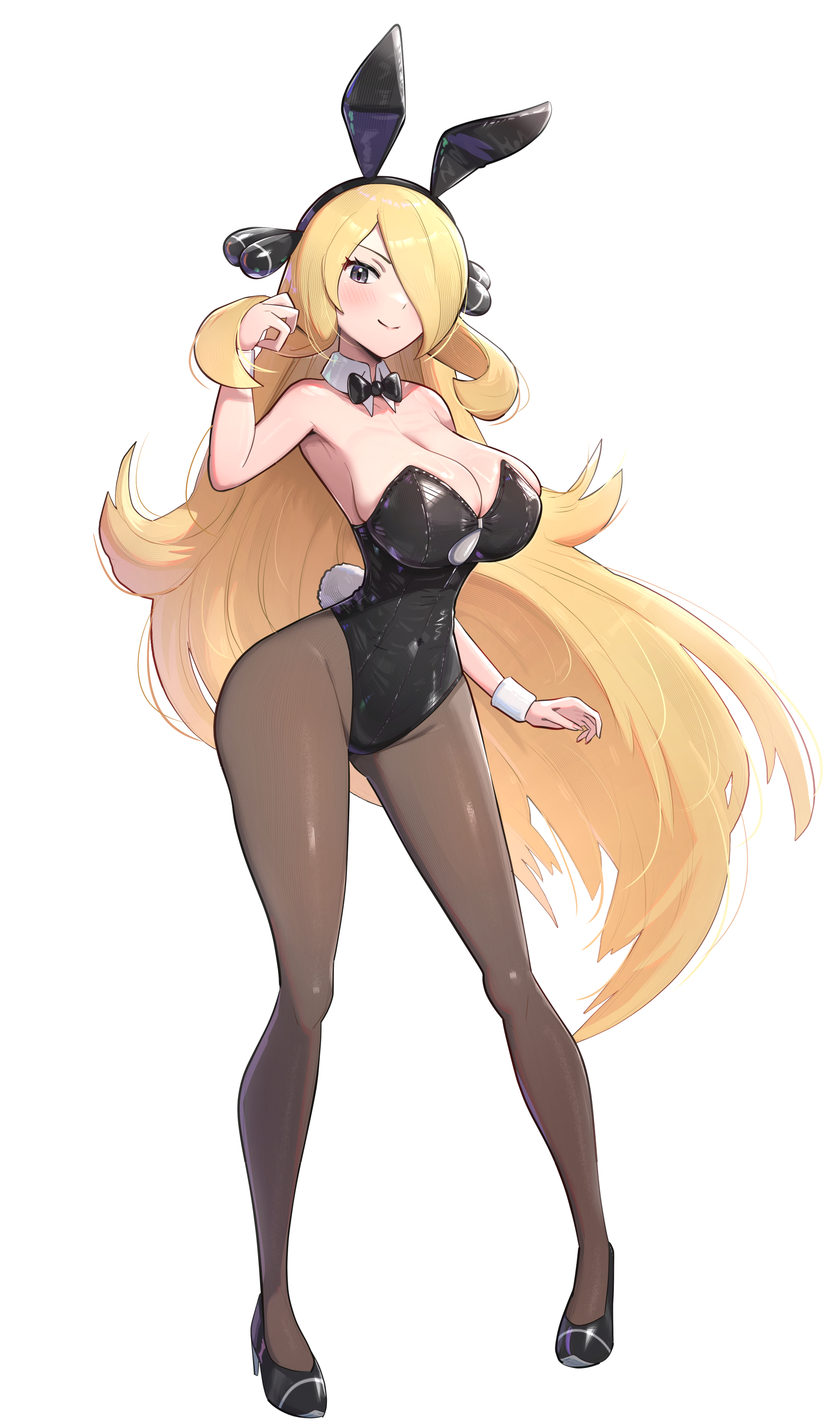 1girls, absurdres, big breasts, black leotard, black pantyhose, blonde hair, blush, bow, bowtie, breasts, bunny ears, bunnysuit, cleavage, cynthia (pokemon), female, female only, full body, gonzarez, grey eyes, hair over one eye, high heels, highres, huge breasts, leotard, long hair, pantyhose, pokemon, pokemon dppt, rabbit ears, rabbit tail, smile, solo, wrist cuffs