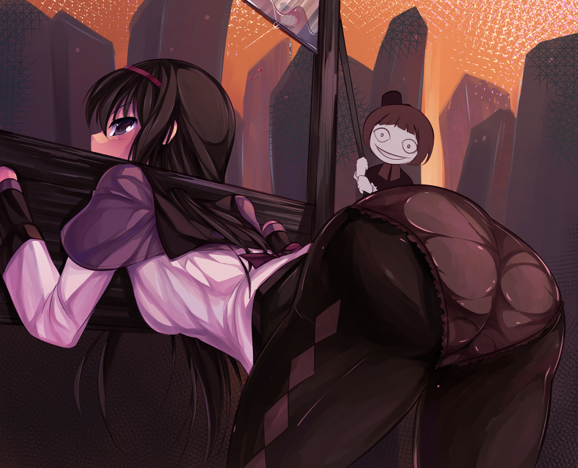 akemi homura, argyle, argyle legwear, ass, bent over, black legwear, bondage, bound, clara dolls (madoka magica), execution, female, guillotine, imminent death, lace-trimmed panties, long hair, magical girl, mahou shoujo madoka magica, maullarmaullar, panties, panties under pantyhose, pantyhose, peril, pillory, solo, stationary restraints, stocks, underwear
