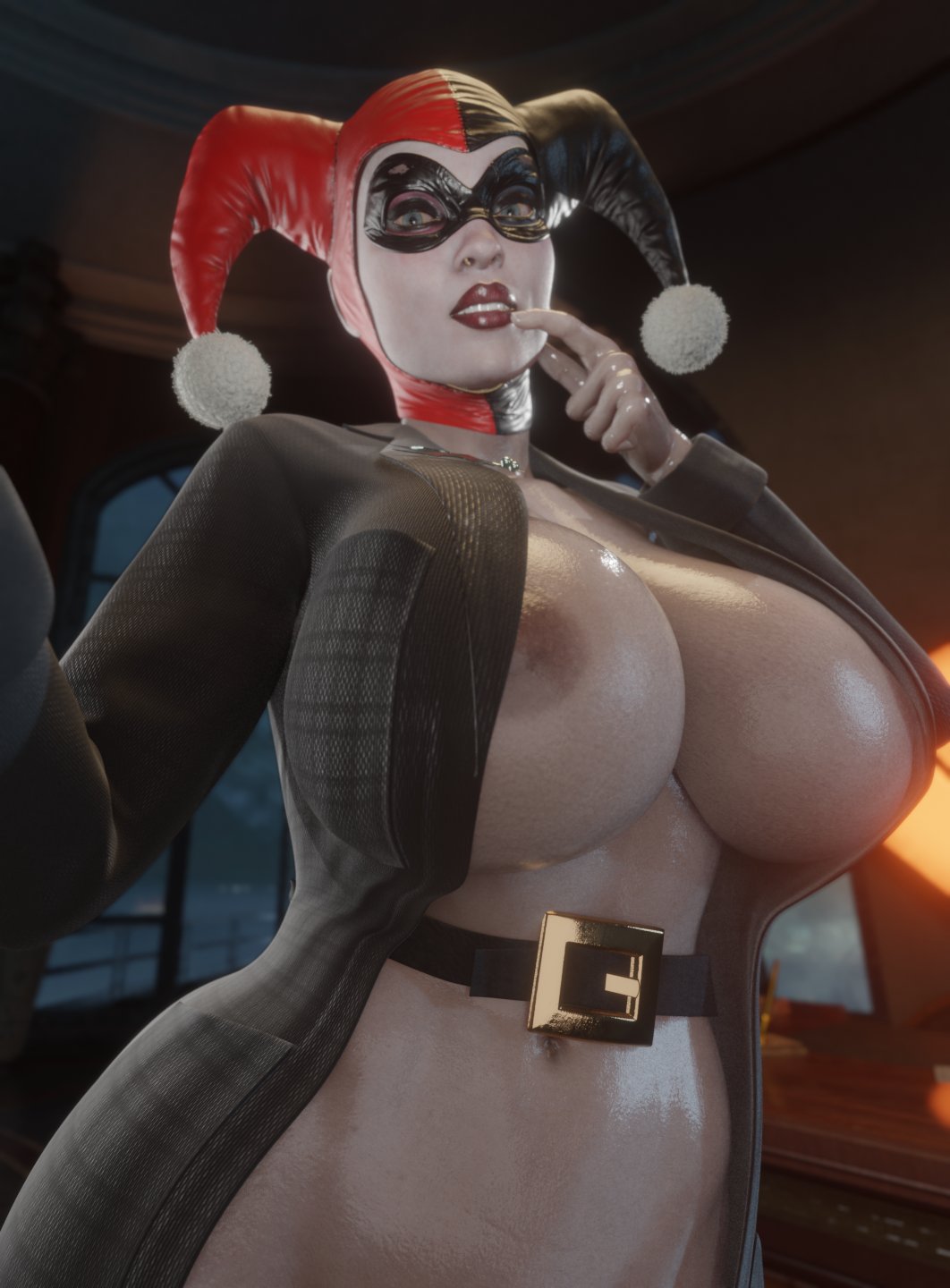 1girls, 3d, alternate version at source, batman (series), big breasts, breasts, dc, dc comics, female, female only, harley quinn, harley quinn (classic), harley quinn (injustice), injustice 2, jinx1919, massive breasts, nipples, solo, solo female
