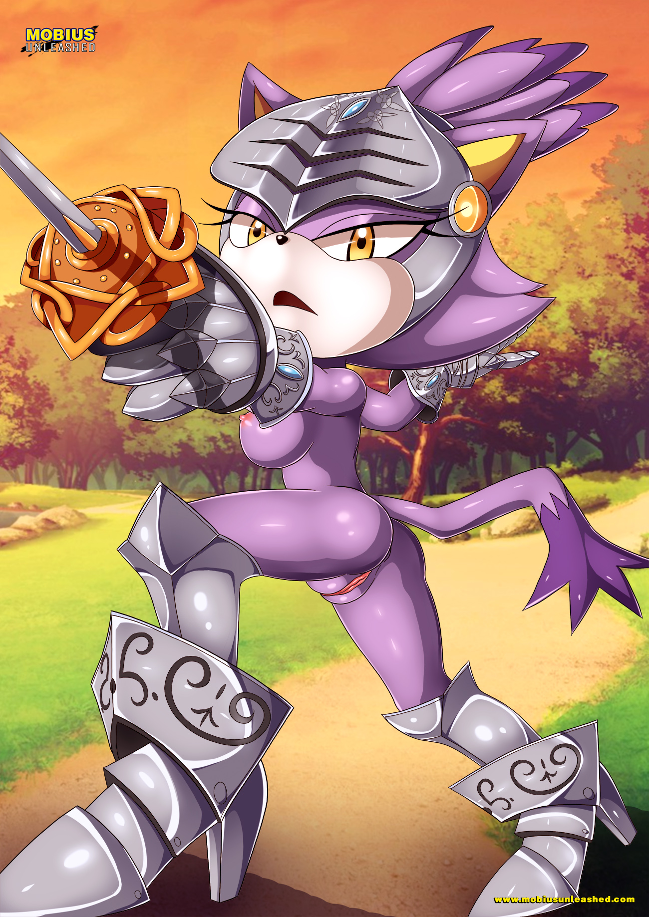 anthro, armor, ass, bbmbbf, blaze the cat, boots, breasts, cat, day, feline, female, female only, fur, headgear, helmet, looking aside, mammal, mobius unleashed, outdoors, palcomix, purple fur, pussy, sega, side view, sir percival (sonic and the black knight), solo, sonic (series), sonic and the black knight, sonic the hedgehog (series), standing, sword, tail, weapon