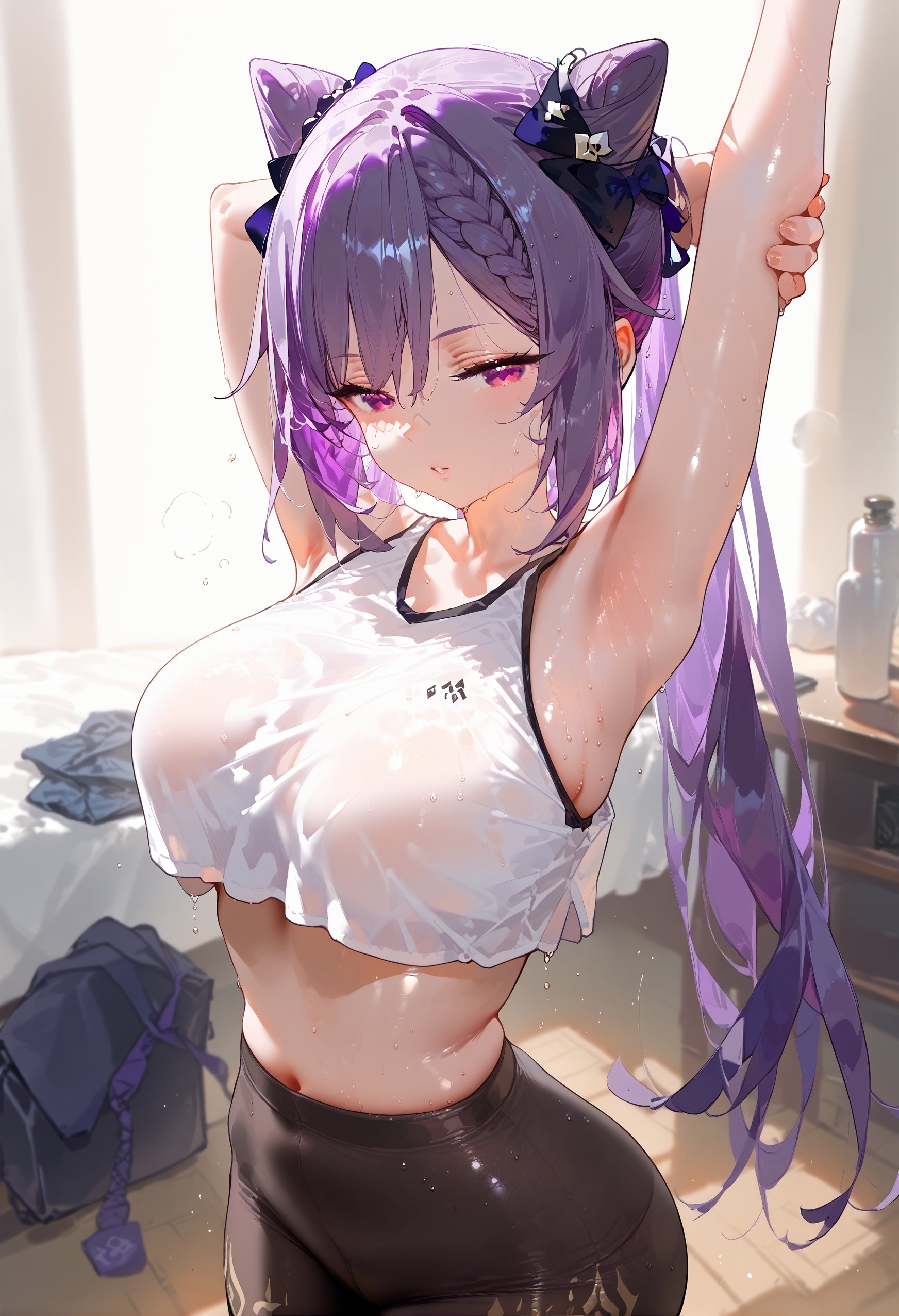 1girls, ai generated, armpits, arms up, breasts, cone hair bun, crop top, female, fuwako, genshin impact, gym clothes, hoyoverse, indoors, keqing (genshin impact), leggings, looking at viewer, medium breasts, purple eyes, purple hair, shiny skin, stretching, sweat, tight clothing, white crop top