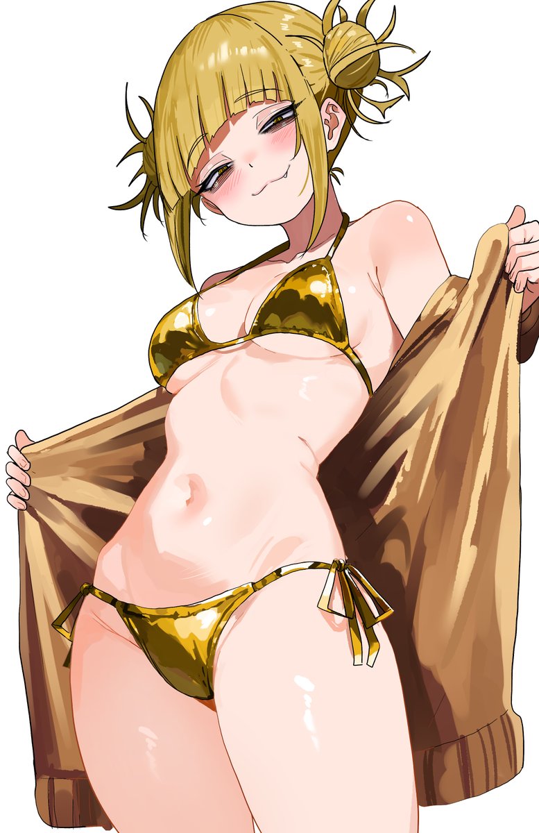 :3, 1girls, belly, belly button, bikini, blonde hair, blonde-haired female, blush, bowtie, breasts, cleft of venus, cowboy shot, cute, double bun, eyebrows visible through hair, fang, female, female only, golden bikini, golden week, groin, himiko toga, light skin, light-skinned female, medium breasts, my hero academia, naughty face, navel, pose, posing, sideboob, sidelocks, simple background, skindentation, smug, solo, solo female, stomach, tagme, underboob, white background, wide hips, yellow eyes, zd (pixiv6210083)