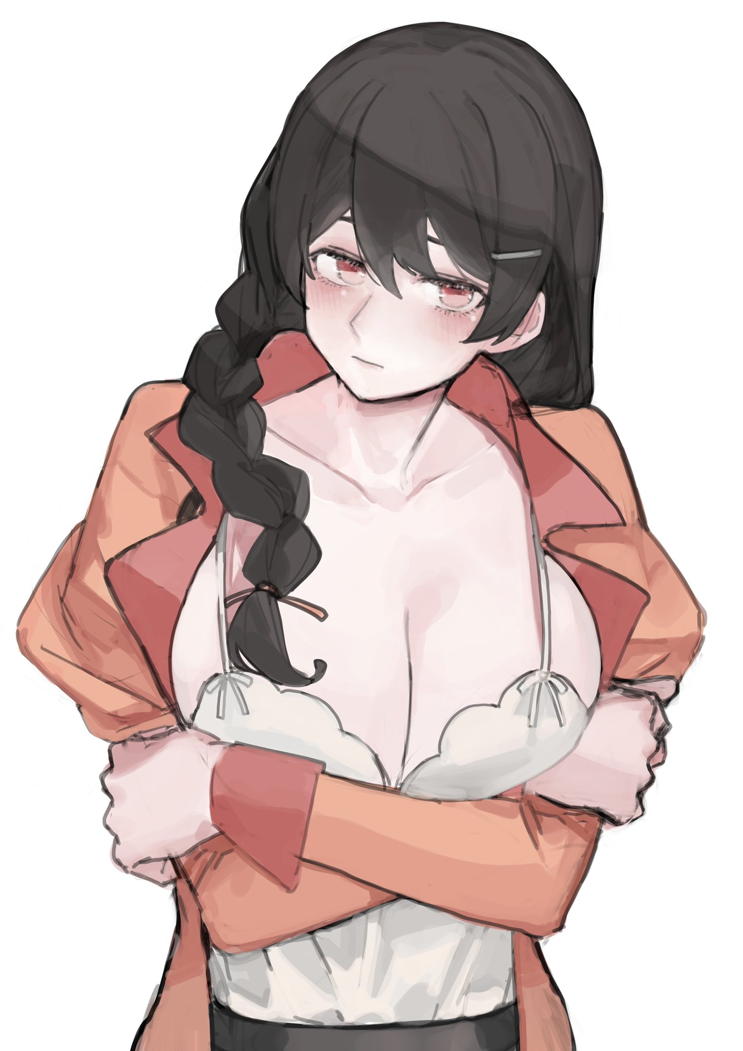 2d, artist request, bad id, bad twitter id, black hair, blush, bra, braid, breast press, breasts, collarbone, crossed arms, embarrassed, female, hanekawa tsubasa, highres, kizumonogatari, large breasts, long braid, looking at viewer, monogatari (series), naoetsu high school uniform, open clothes, open shirt, orange shirt, red eyes, rrr ato, school uniform, shirt, simple background, solo, underwear, white background, white bra