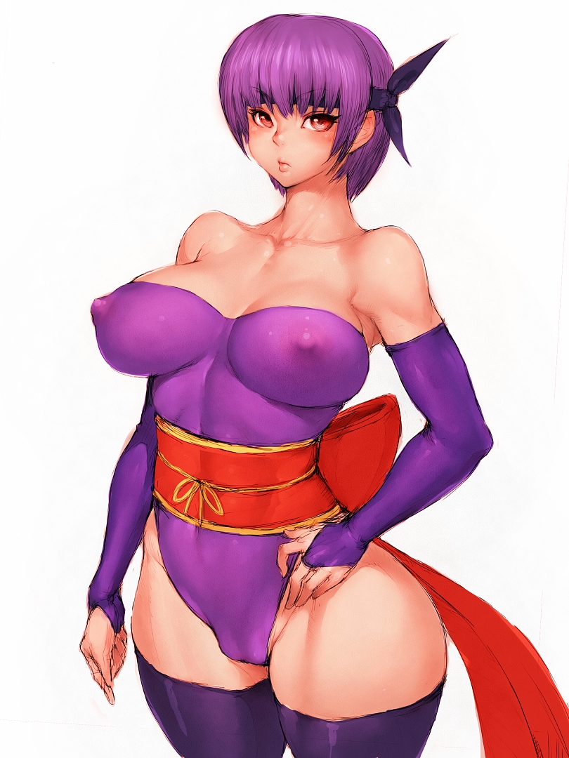 ayane (doa), blush, breasts, cleavage, dead or alive, erect nipples, female, female only, fumio (rsqkr), headband, human, large breasts, leotard, nipples, obi, purple hair, red eyes, ribbon, short hair, sleeves, solo, standing, tecmo, thighhighs