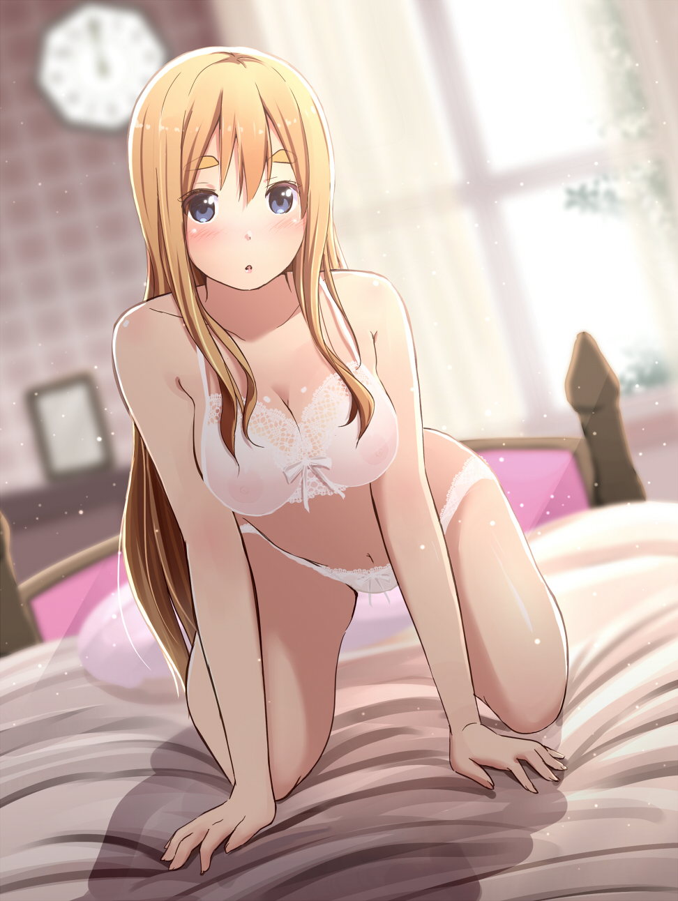 1girls bedroom big_eyebrows blonde_hair blue_eyes blush bra cleavage female hands_on_bed k-on! kneeling_on_bed leaning_forward looking_at_viewer panties tagme tateshina tsumugi_kotobuki_(k-on!) underwear_only very_long_hair