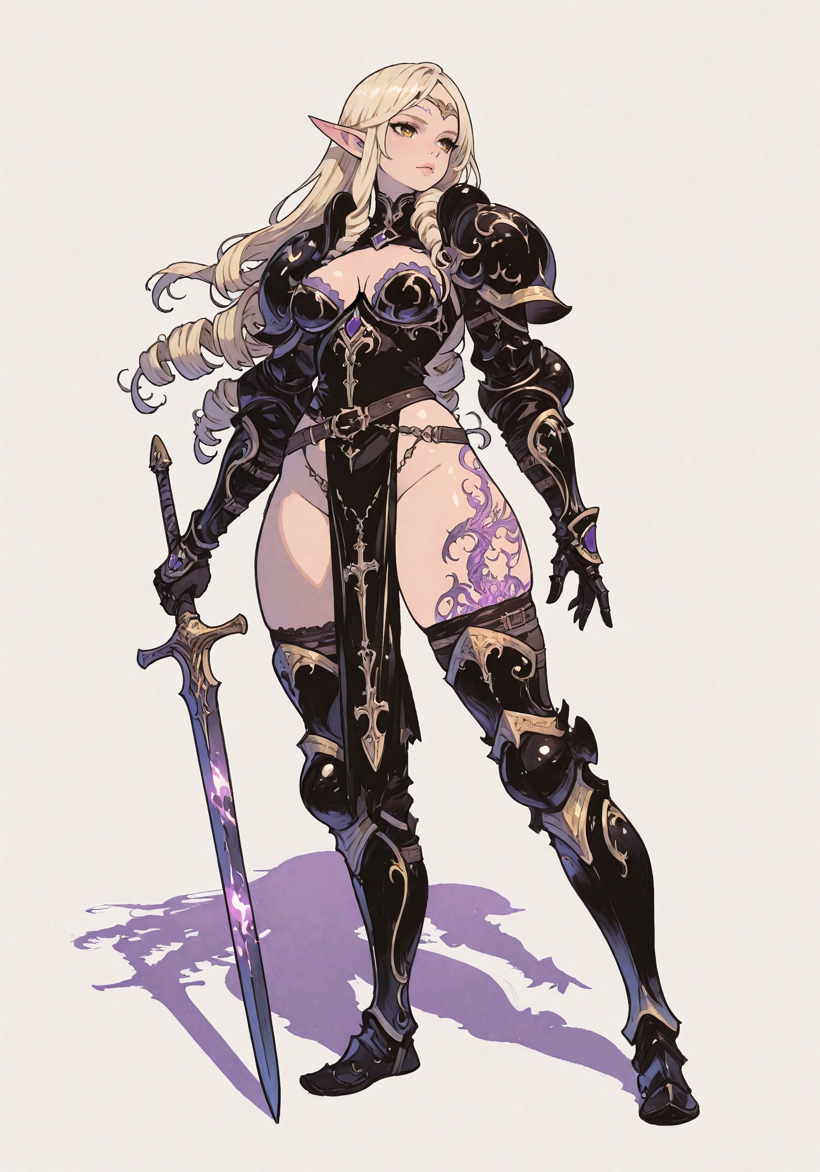 adventurer, ai assisted, ai generated, armor, bare hips, bare thighs, belts, black armor, black clothing, boob window, breast plate, breasts, buckles, circlet, civitai, curvy, curvy female, czero2011, dark knight, digital media (artwork), dnd homebrew, drill hair, dungeons and dragons, dynamic pose, elf, elf female, elf girl, engraving, fancy clothing, fantasy, female, female only, fully clothed, gauntlets, glowing markings, glowing tattoo, gold eyes, greaves, holding sword, holding weapon, knight, knight armor, light skin, light-skinned female, long hair, looking away, medium breasts, original character, pale skin, pale-skinned female, pelvic curtain, platinum blonde hair, plump lips, pointy ears, sfw, shadow, simple background, skimpy, skimpy armor, skimpy clothes, skinny female, solo, solo female, standing, straps, sword, tattoos, thick thighs, thigh high boots, thin waist, vambraces, wide hips