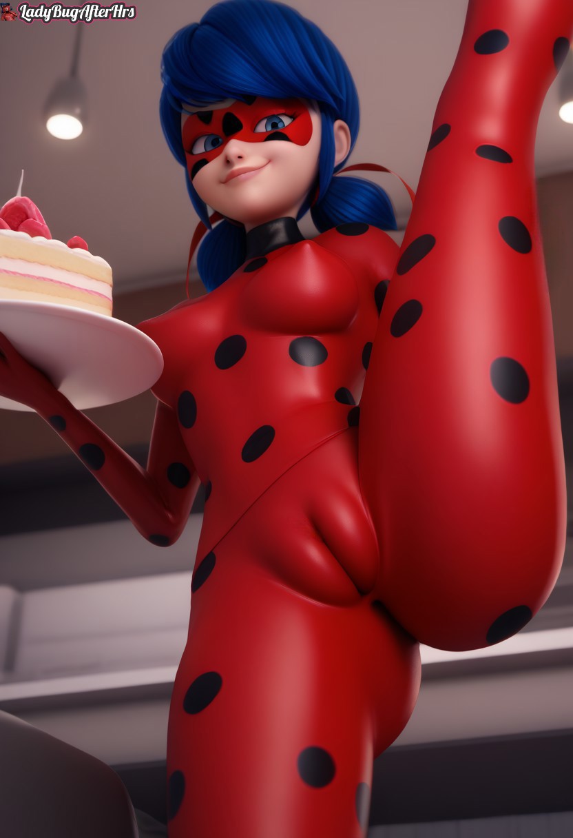 3d, ai generated, bodysuit, cake, cameltoe, female, food, innie pussy, jpeg, ladybug (character), ladybugafterhrs, marinette dupain-cheng, miraculous ladybug, pussy, smirk, solo